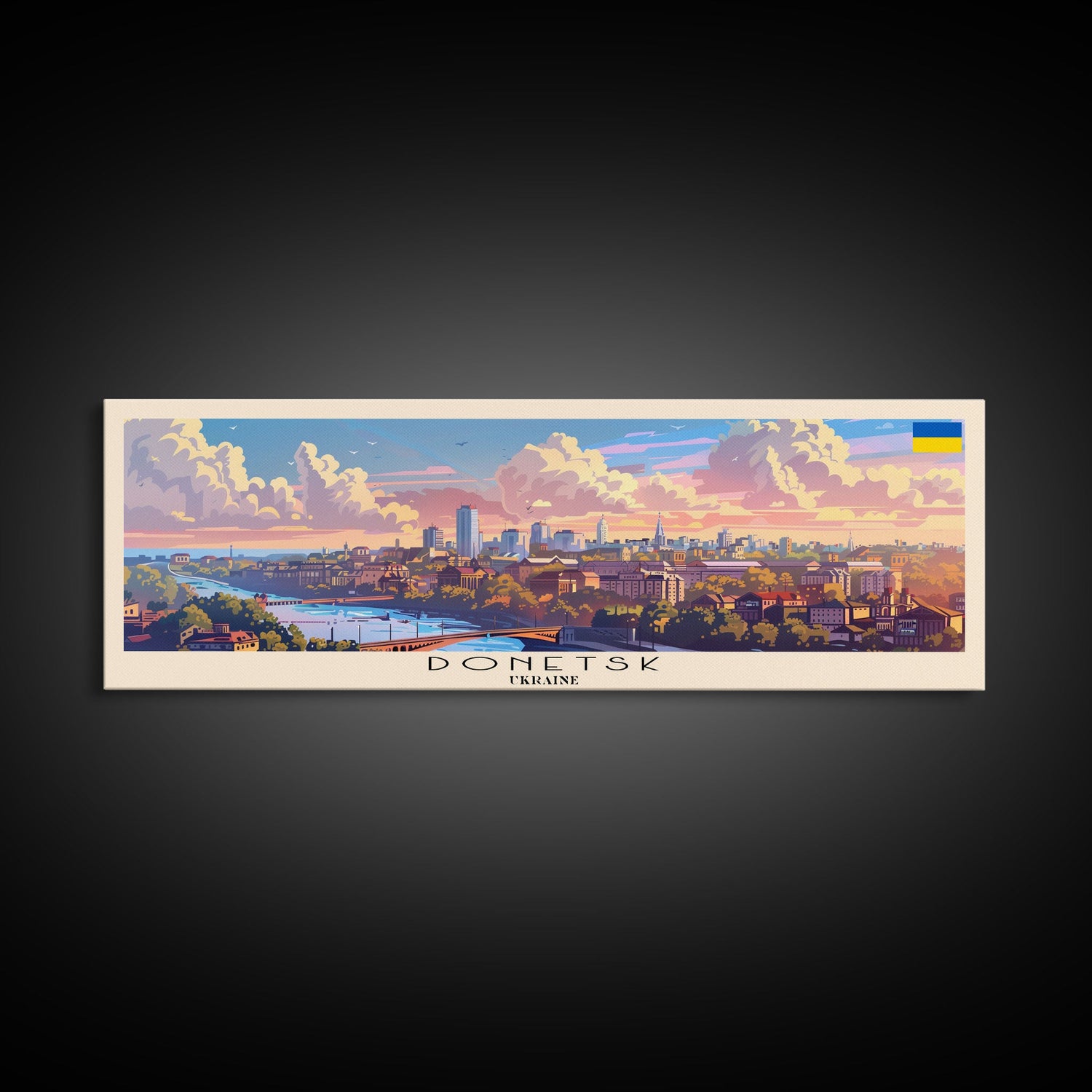 Donetsk Ukraine Panoramic Travel Poster, Framed Canvas Print or Metal Wall Art, Travel Art, Home Decor, Panoramic Painting, Midcentury Art