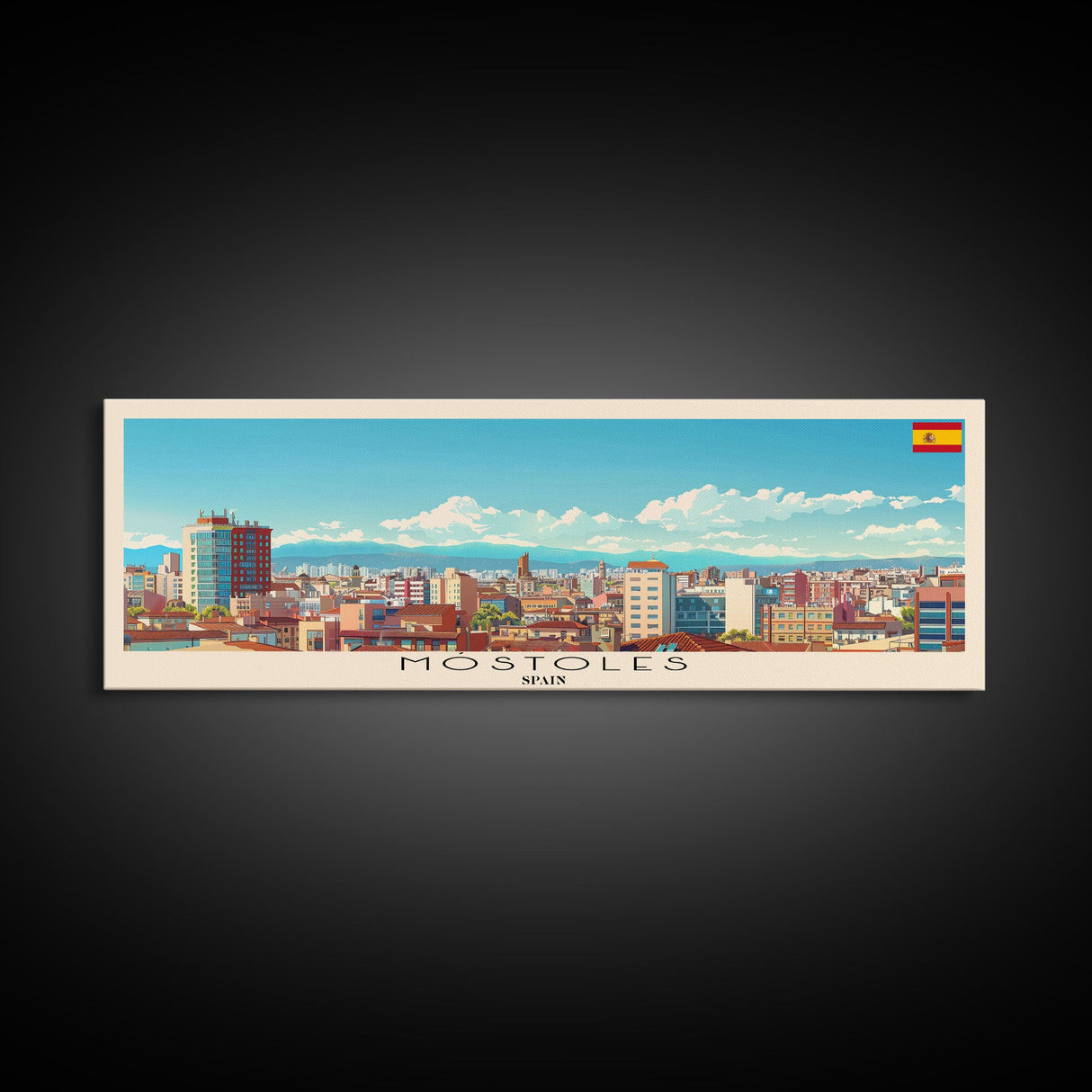 Mostoles Spain Panoramic Travel Poster, Framed Canvas Print or Metal Wall Art, Travel Art, Home Decor, Panoramic Painting, Midcentury Art