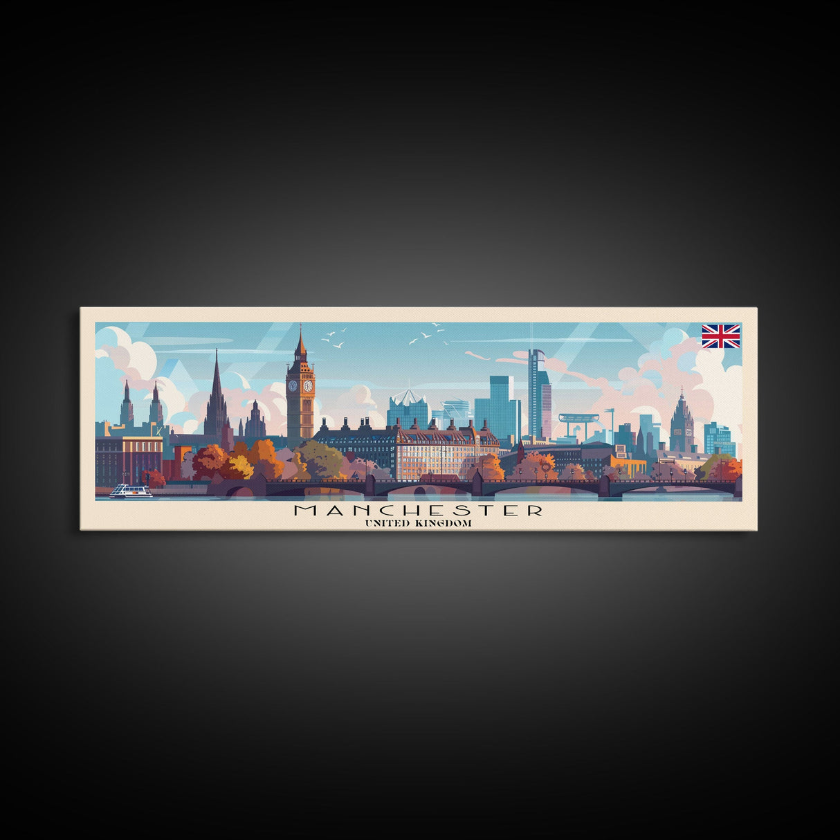 Manchester United Kingdom Panoramic Travel Poster, Framed Canvas Print or Metal Wall Art, Travel Art, Home Decor, Panoramic Painting, Midcentury Art