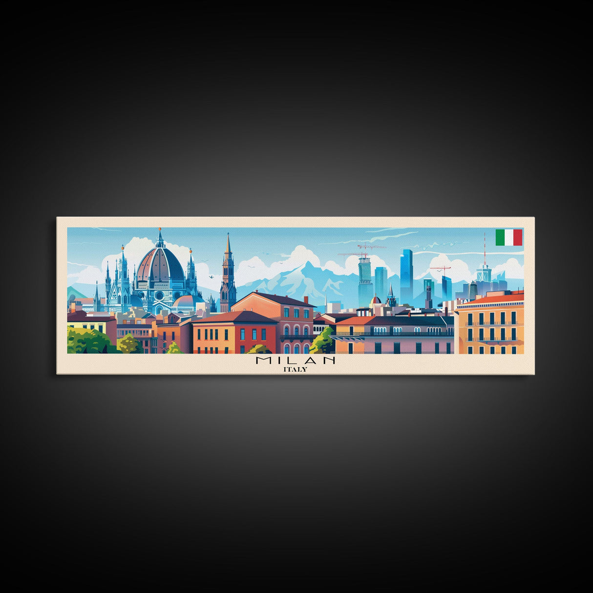 Milan Italy Panoramic Travel Poster, Framed Canvas Print or Metal Wall Art, Travel Art, Home Decor, Panoramic Painting, Midcentury Art