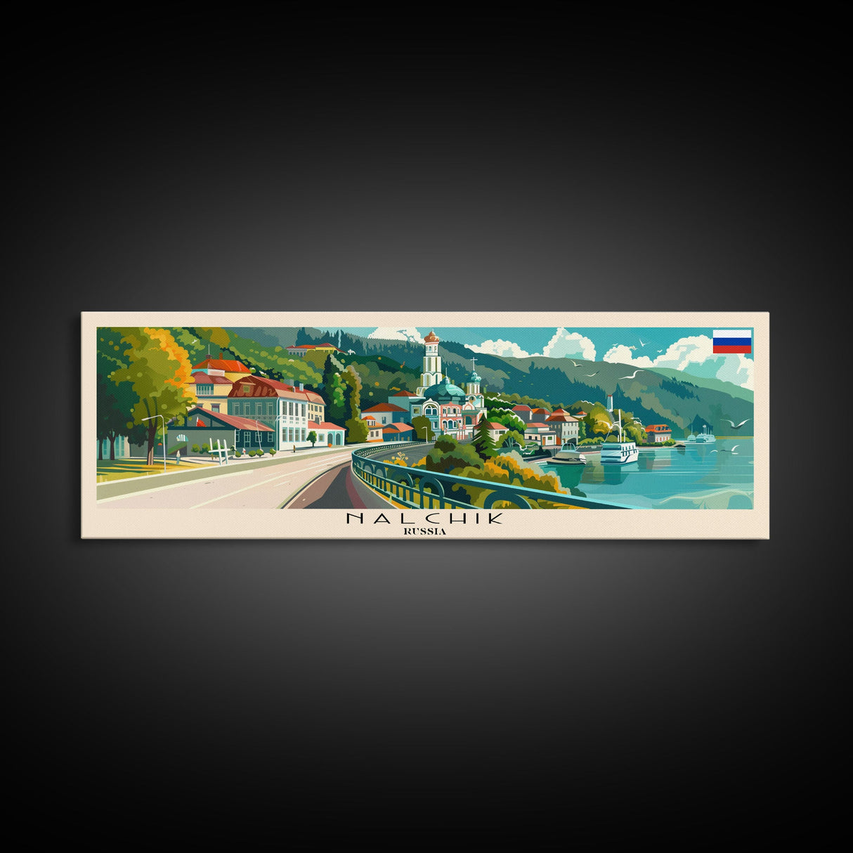Nalchik Russia Panoramic Travel Poster, Framed Canvas Print or Metal Wall Art, Travel Art, Home Decor, Panoramic Painting, Midcentury Art