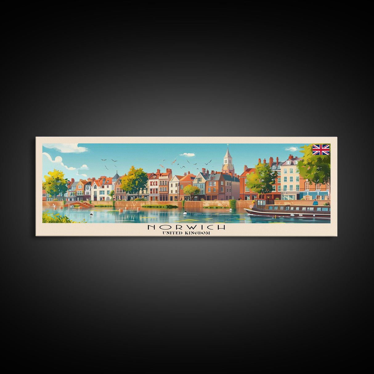Norwich United Kingdom Panoramic Travel Poster, Framed Canvas Print or Metal Wall Art, Travel Art, Home Decor, Panoramic Painting, Midcentury Art