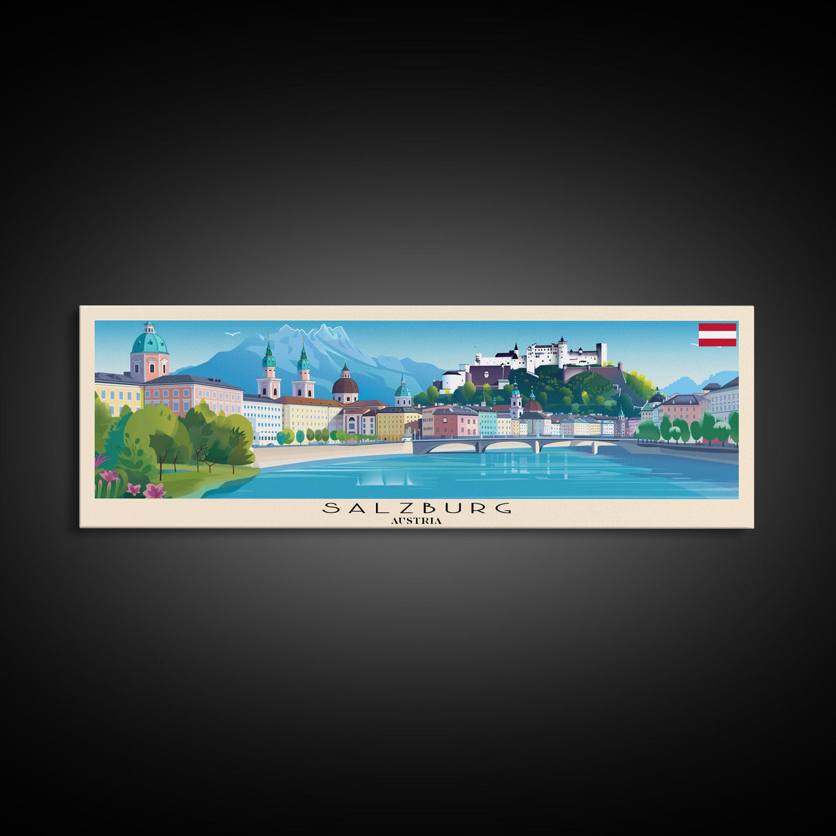 Salzburg Austria Panoramic Travel Poster, Framed Canvas Print or Metal Wall Art, Travel Art, Home Decor, Panoramic Painting, Midcentury Art