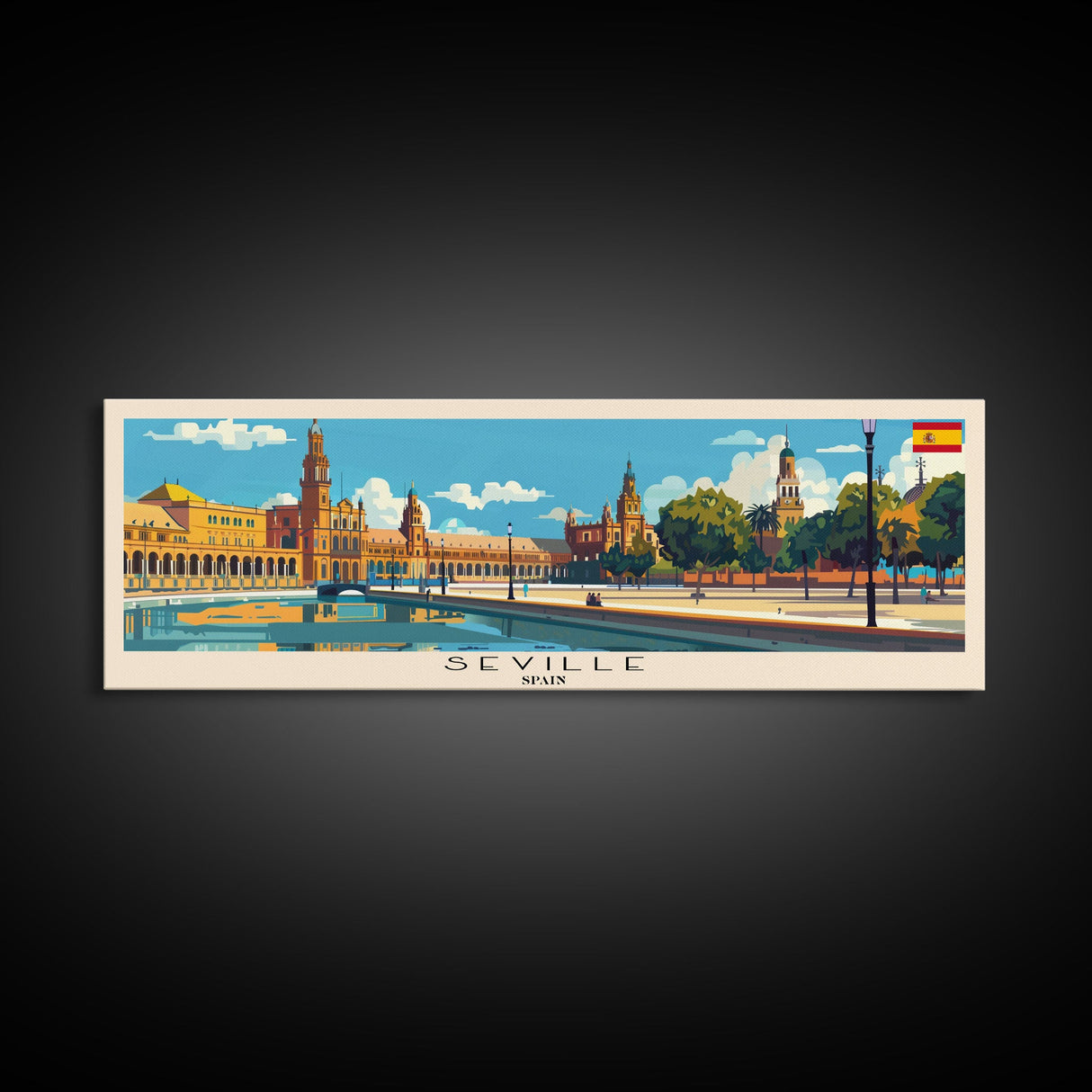 Seville Spain Panoramic Travel Poster, Framed Canvas Print or Metal Wall Art, Travel Art, Home Decor, Panoramic Painting, Midcentury Art
