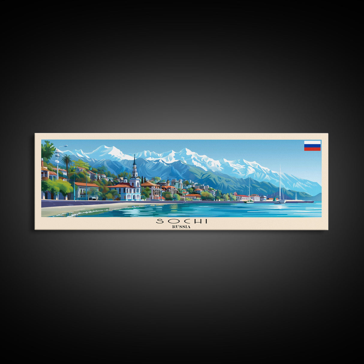 Sochi Russia Panoramic Travel Poster, Framed Canvas Print or Metal Wall Art, Travel Art, Home Decor, Panoramic Painting, Midcentury Art