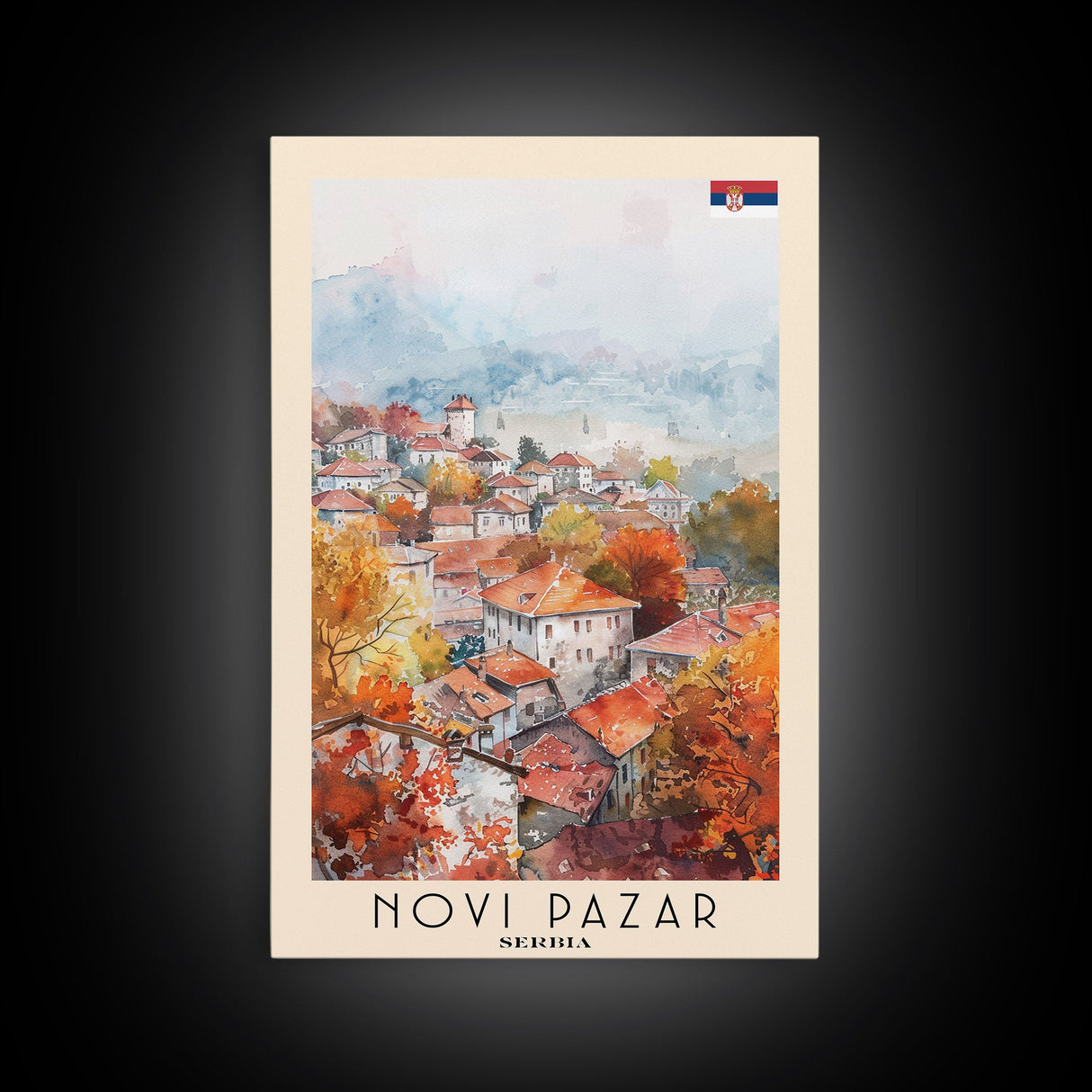 Novi Pazar Serbia Travel Poster Framed Canvas Print, Watercolor Painting, Scenic Wall Art, Home Decor, Serbian Landscape, Cultural Art