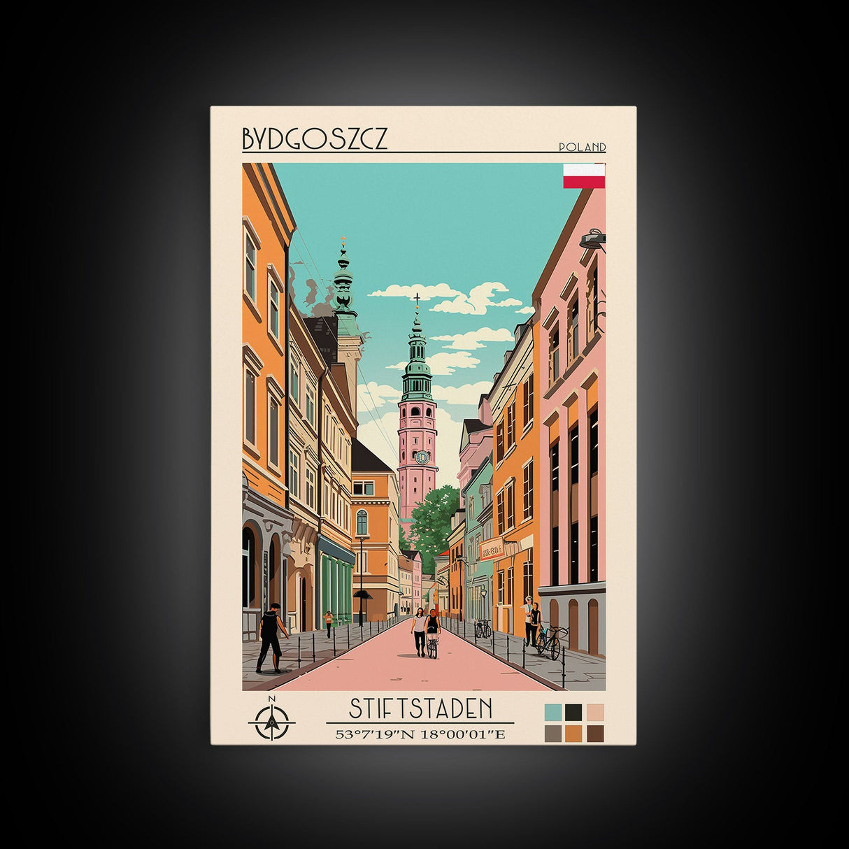 Bydgoszcz Poland Travel Poster Framed Canvas Print, Midcentury Modern Art, Pop Art Wall Decor, Home Decor, Vacation Gift, Living Room Art