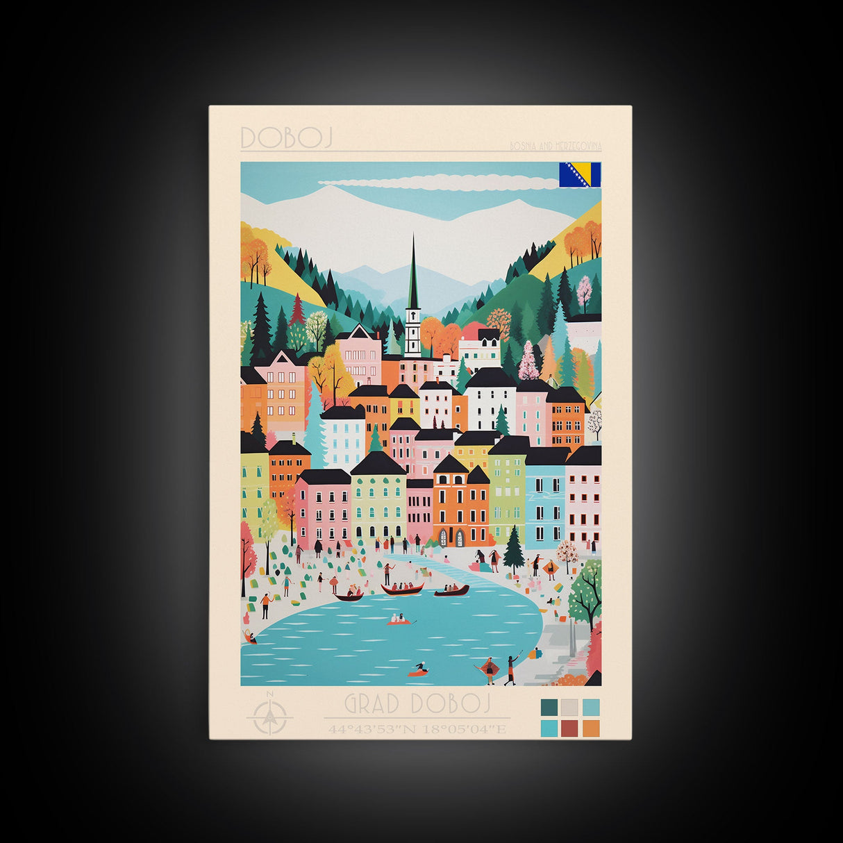 Doboj Bosnia and Herzegovina Travel Poster Framed Canvas Print, Midcentury Modern Art, Pop Art Wall Decor, Home Decor, Vacation Gift, Living Room Art
