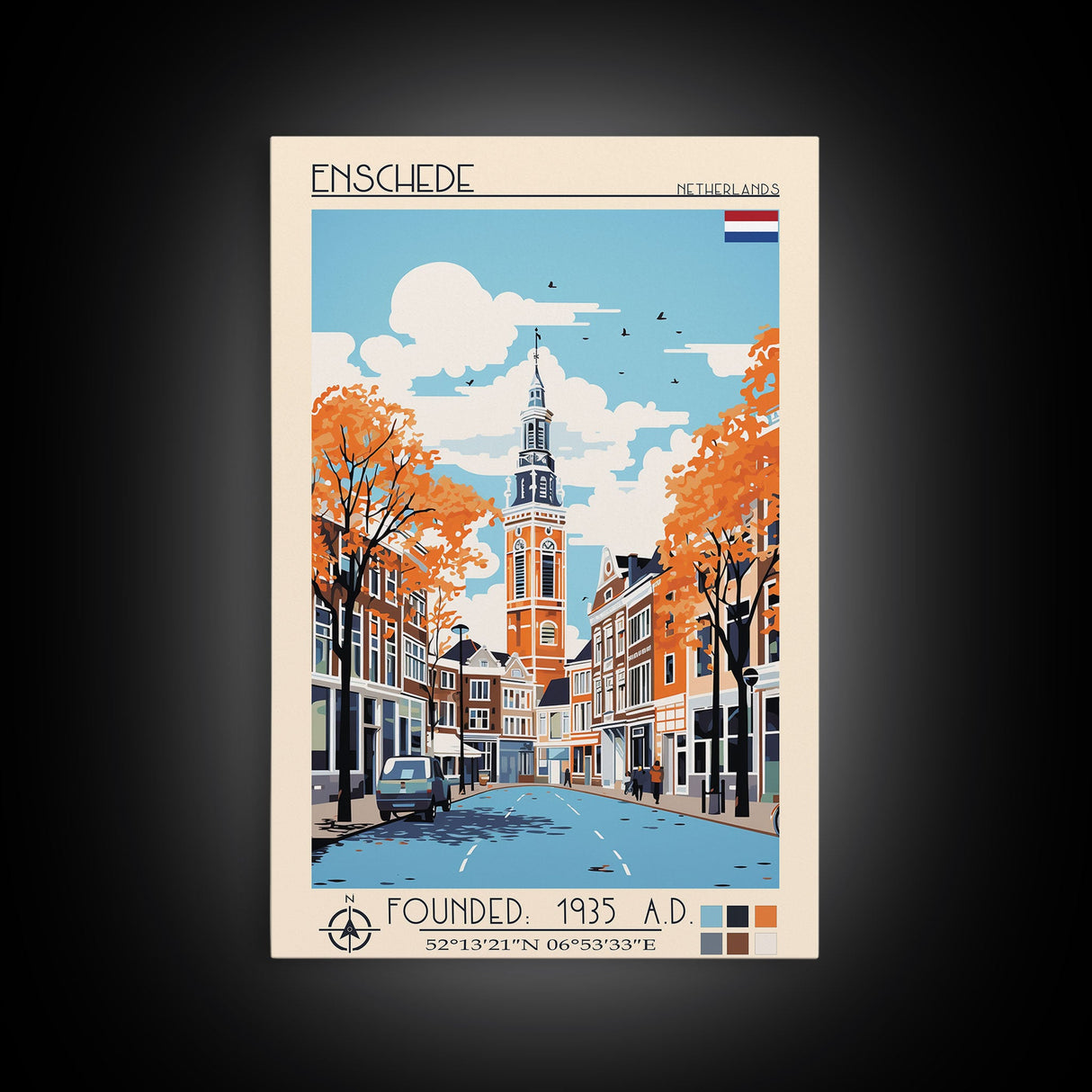 Enschede Netherlands Travel Poster Framed Canvas Print, Midcentury Modern Art, Pop Art Wall Decor, Scenic Wall Art, Bedroom Decoration