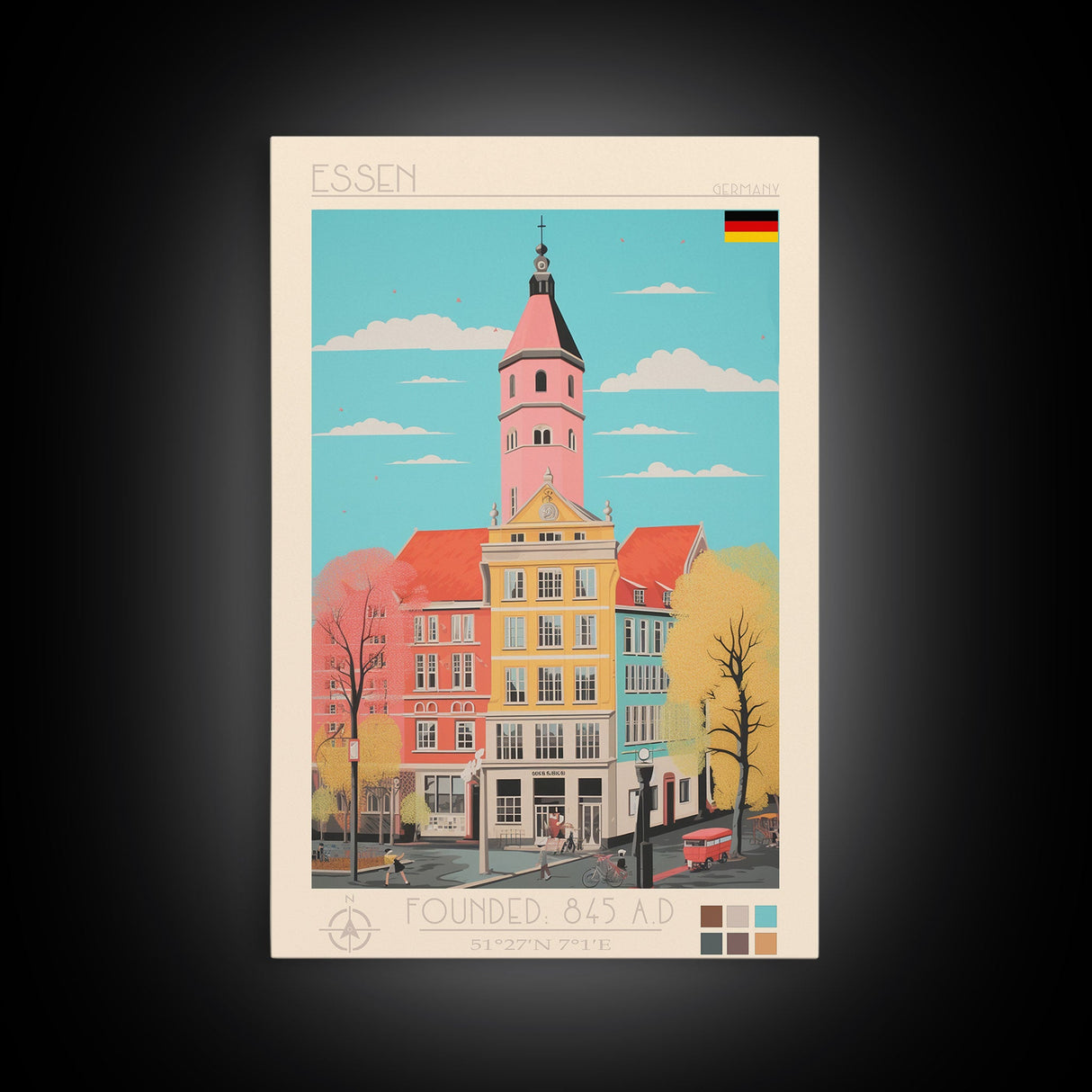 Essen Germany Travel Poster Framed Canvas Print, Midcentury Modern Art, Pop Art Wall Decor, Home Decor, Vacation Gift, Office Art