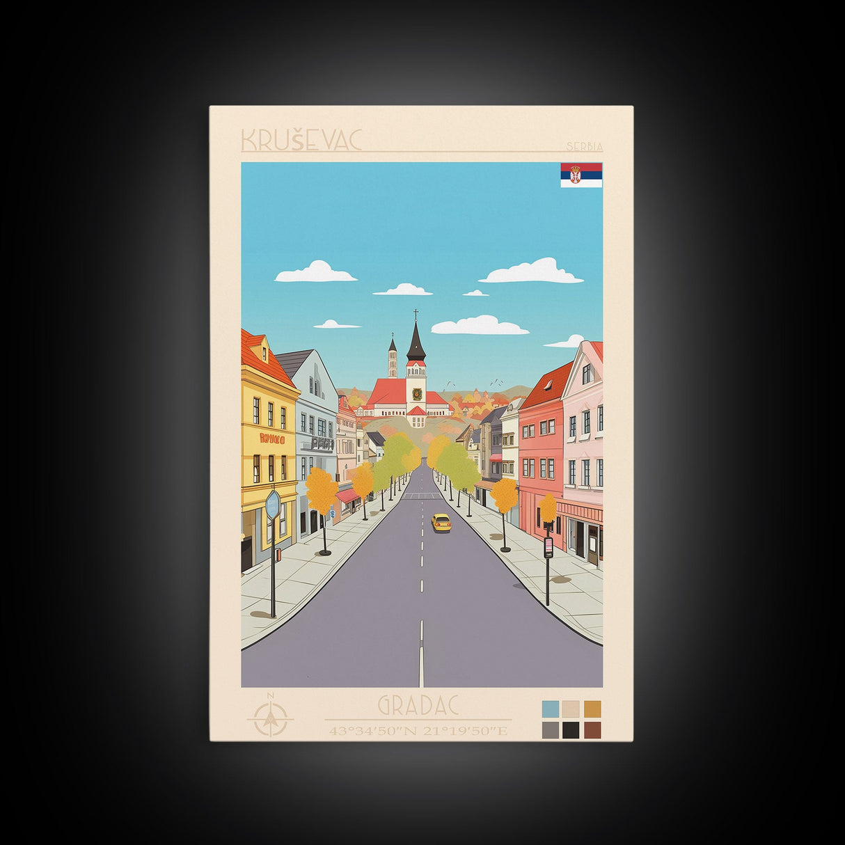 Kruševac Serbia Travel Poster Framed Canvas Print, Midcentury Modern Art, Pop Art Wall Decor, Scenic Living Room Art, Bedroom Gift