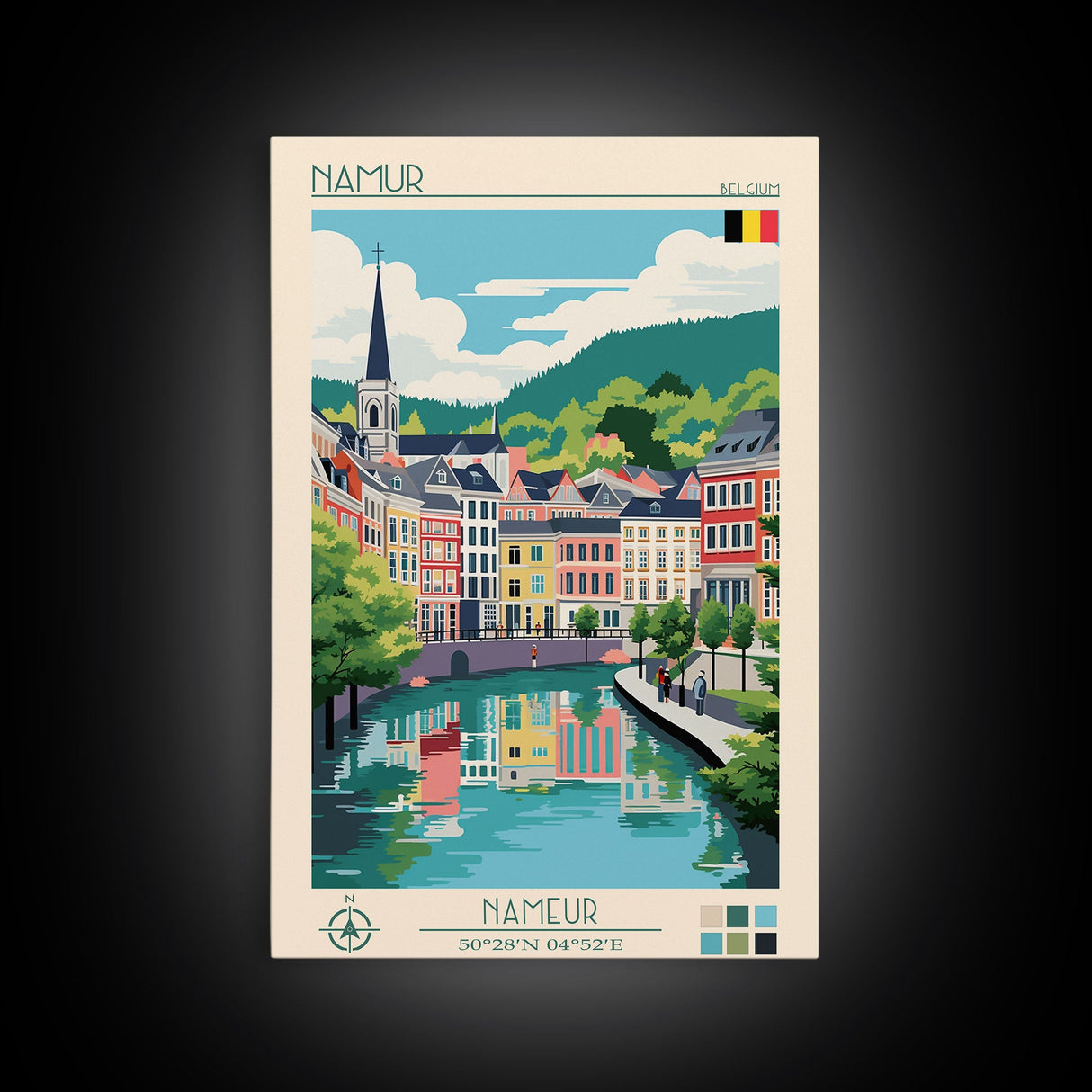 Namur Belgium Travel Poster Framed Canvas Print, Midcentury Modern Art, Pop Art Wall Decor, Scenic Wall Art, Living Room Decoration, Office Gift