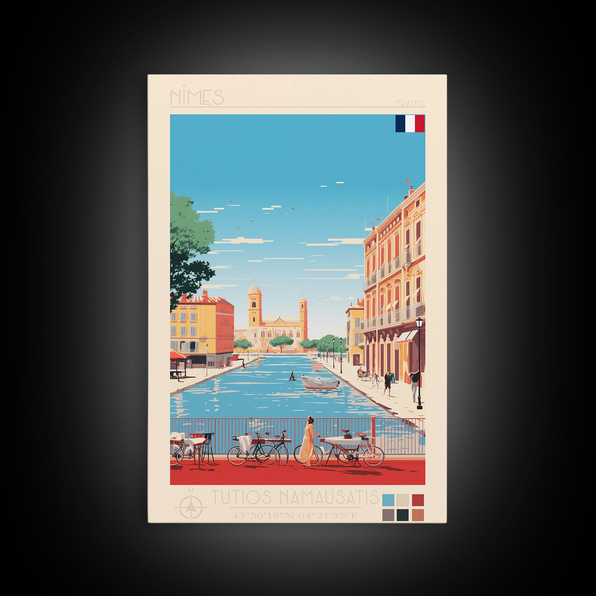 Nimes France Travel Poster Framed Canvas Print, Midcentury Modern Art, Pop Art Wall Decor, Scenic Living Room Art, Bedroom Gift