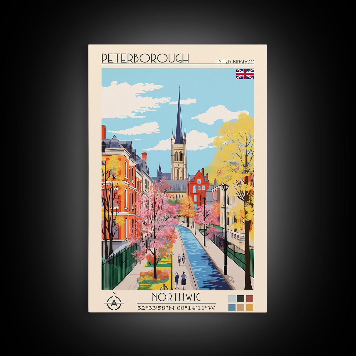 Peterborough United Kingdom Travel Poster Framed Canvas Print, Midcentury Modern Art, Pop Art Wall Decor, Home Decor, Vacation Gift, Office Art