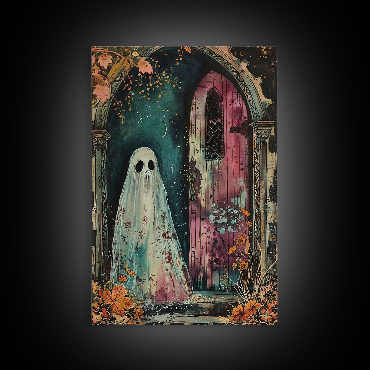 Ghostly Figure at Haunted Door Framed Canvas Print, Halloween Spirit Decor, Spooky Ghost Art, Haunted House Wall Art, Creepy Ghostly Print
