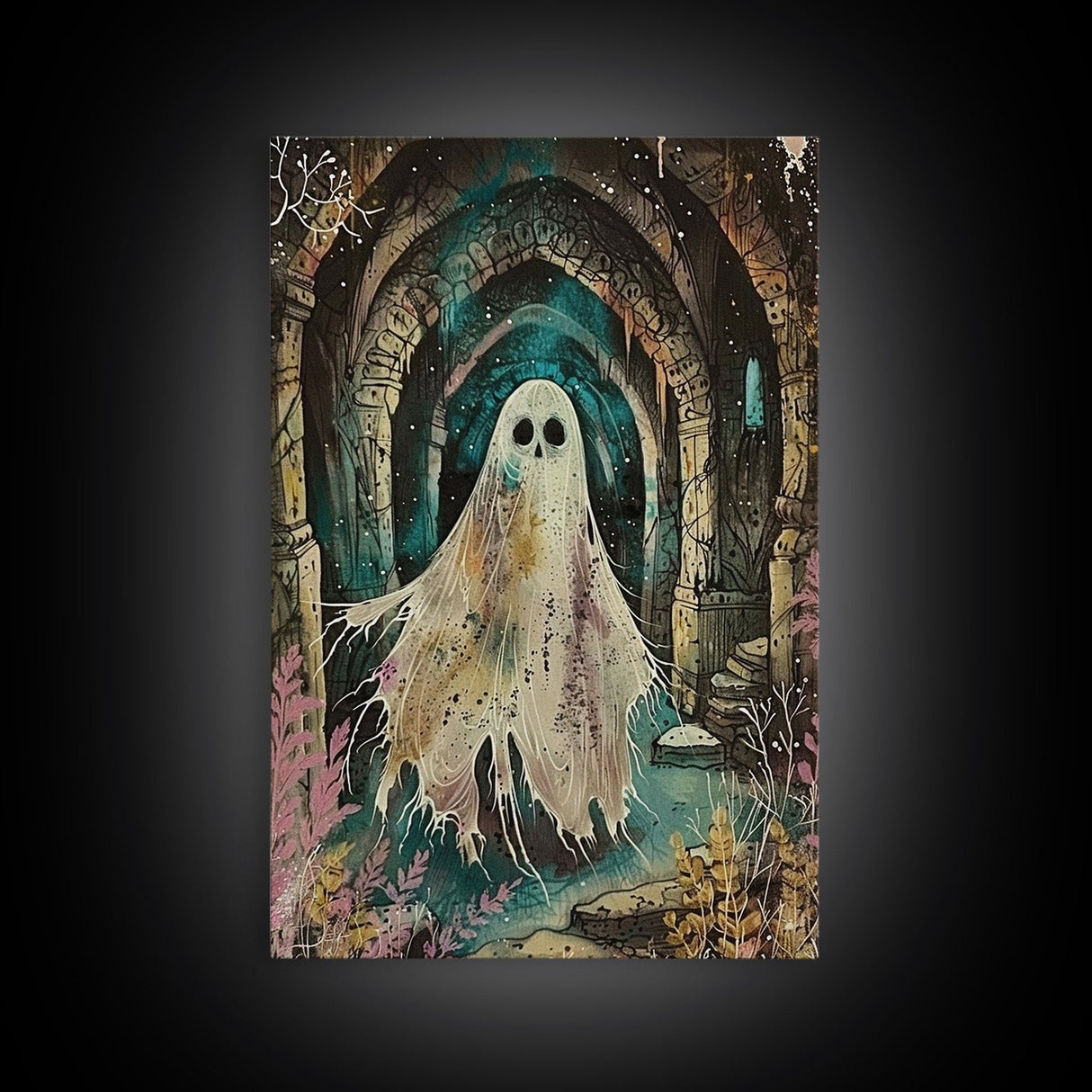 Ghostly Figure in Ancient Ruins Framed Canvas Print, Haunted Ruins Decor, Halloween Ghost Art, Eerie Ghostly Wall Art, Spooky Ghost Print