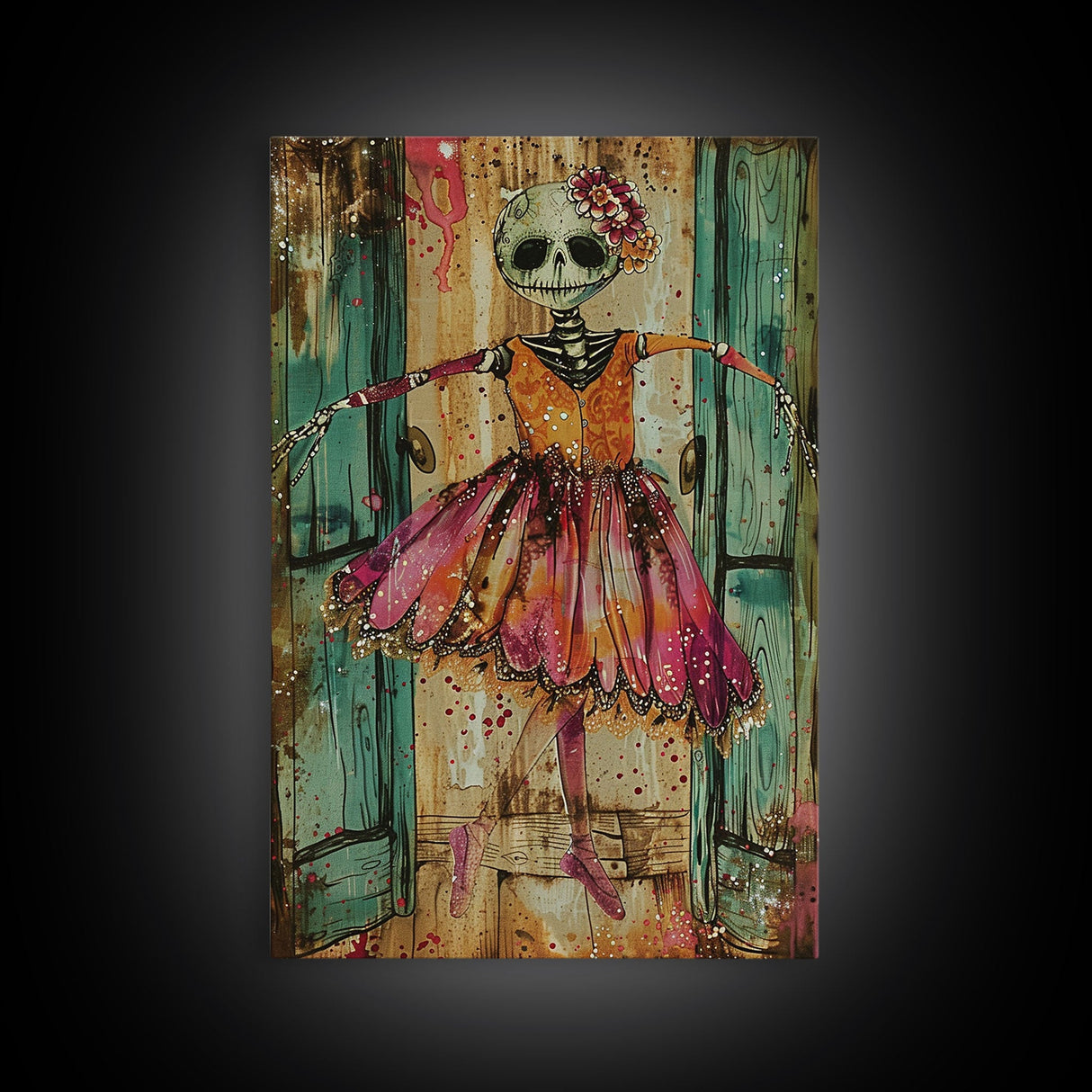 Spooky Skeleton Ballerina, Framed Canvas Print, Halloween Wall Art