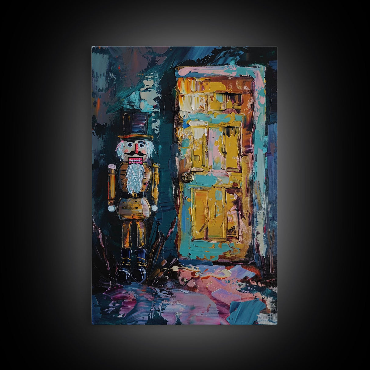 Nutcracker at Spooky Door Framed Canvas Print, Haunted Nutcracker Decor, Halloween Toy Art, Eerie Door Wall Art, Creepy Nutcracker Print