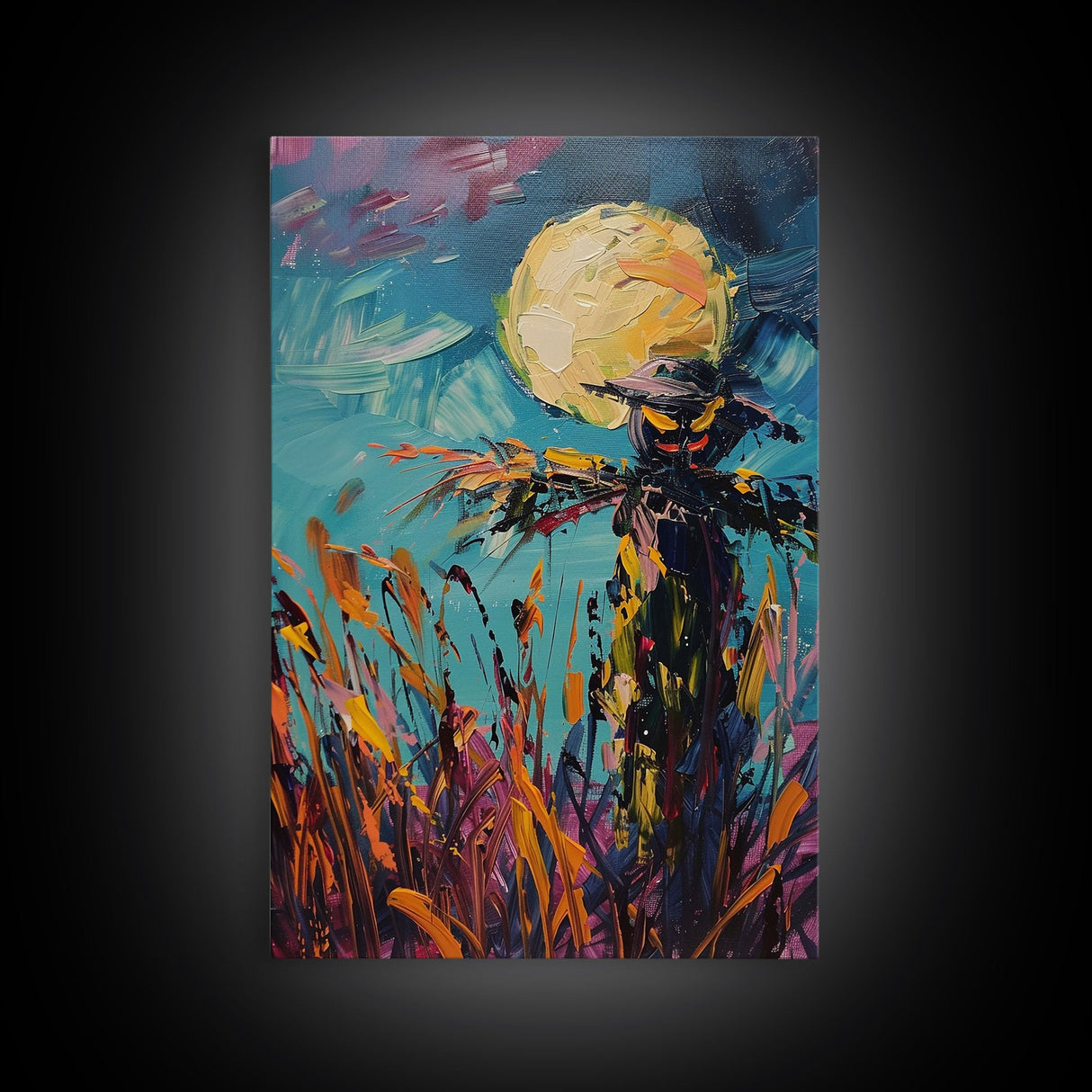 Halloween Spooky Scarecrow Under Full Moon Framed Canvas Print, Haunted Field Wall Art, Home Decor, Seasonal Decor, Gift Idea, Harvest Night