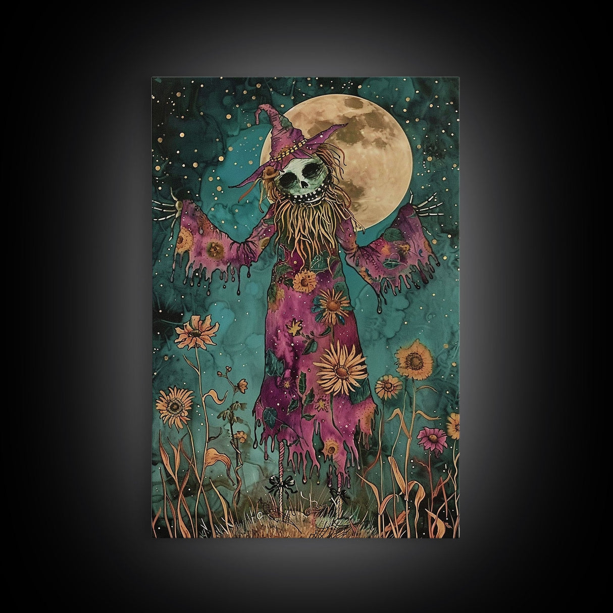 Halloween Creepy Scarecrow with Glowing Pumpkin Head Framed Canvas Print Haunted Harvest Wall Art Home Decor, Decor, Gift Idea, Spooky Vibes