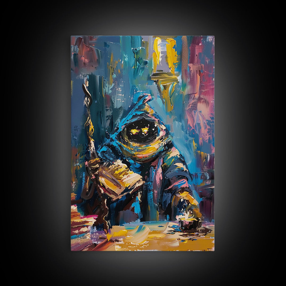 Halloween Creepy Wizard Reading Spells Framed Canvas Print, Spooky Wall Art, Home Decor, Occult Decor, Gift Idea, Dark Magic