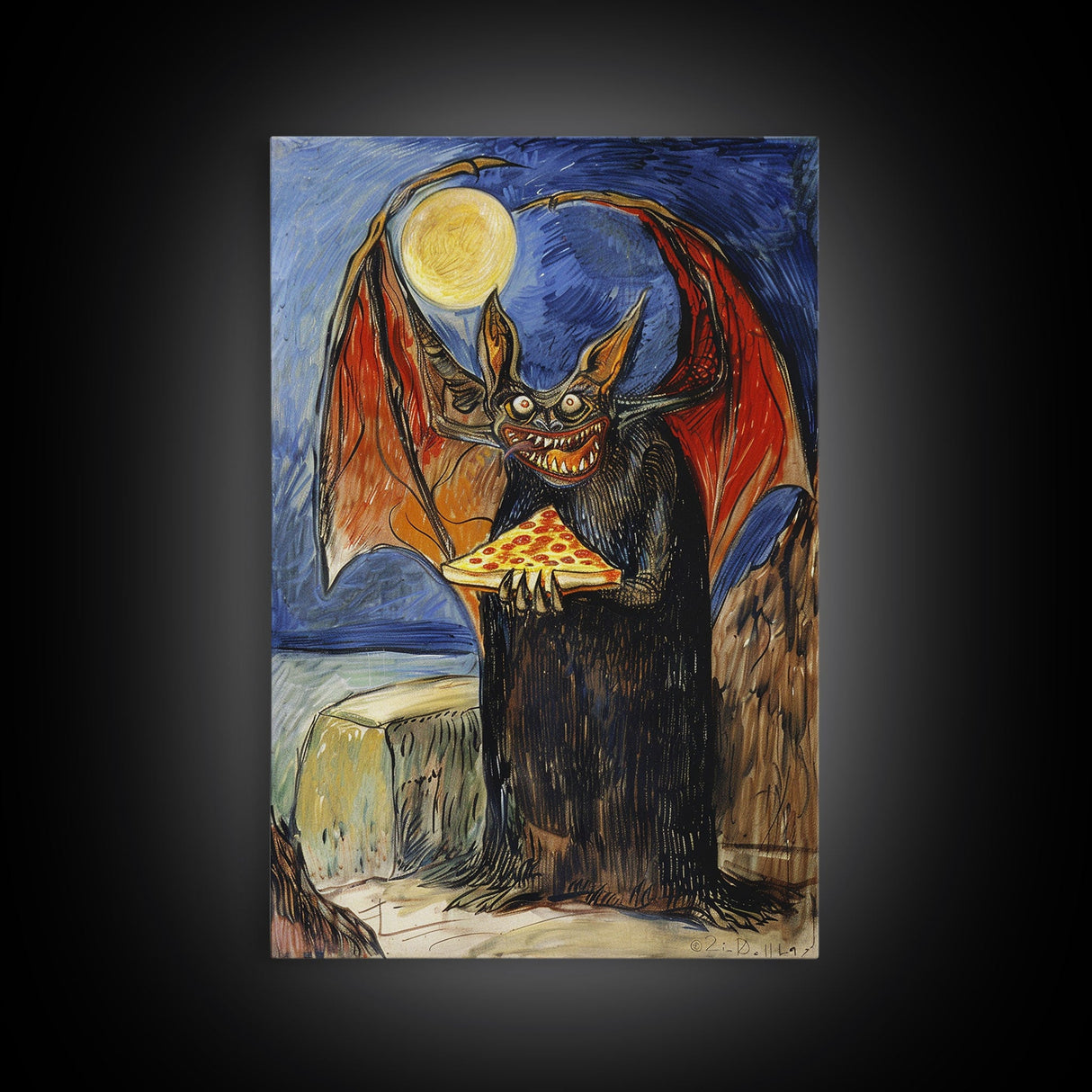 Halloween Vampire Bat with Pizza Under Full Moon Framed Canvas Print, Humorous Wall Art, Home Decor, Whimsical Decor, Gift Idea, Spooky Fun