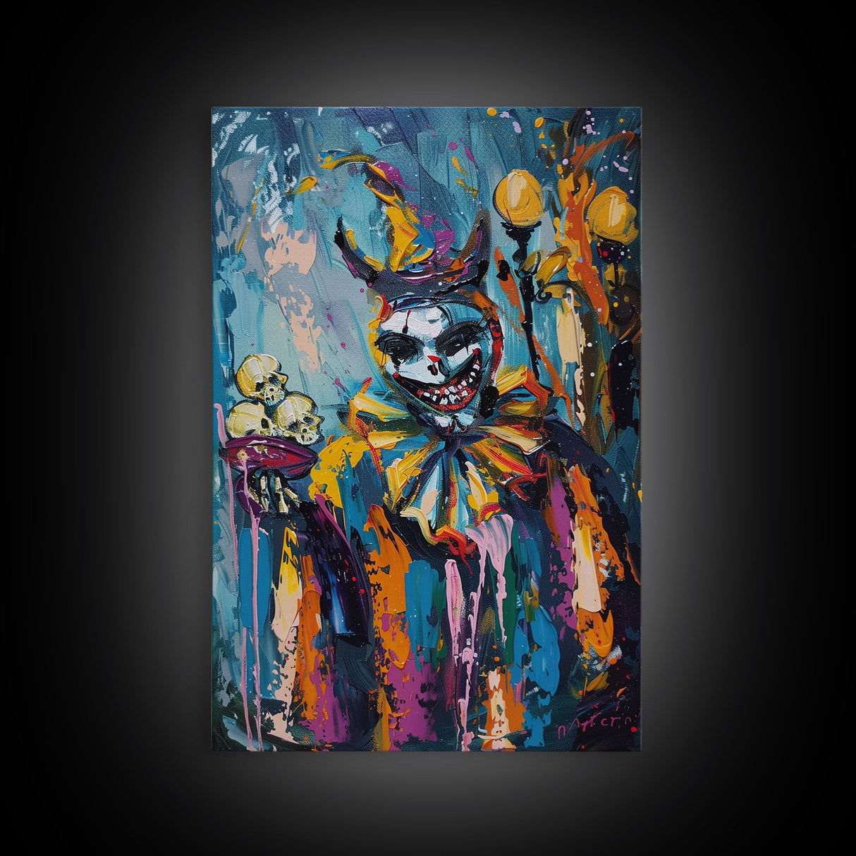 Halloween Grinning Clown with Skulls Framed Canvas Print, Scary Wall Art, Home Decor, Haunted Decor, Gift Idea, Creepy Circus