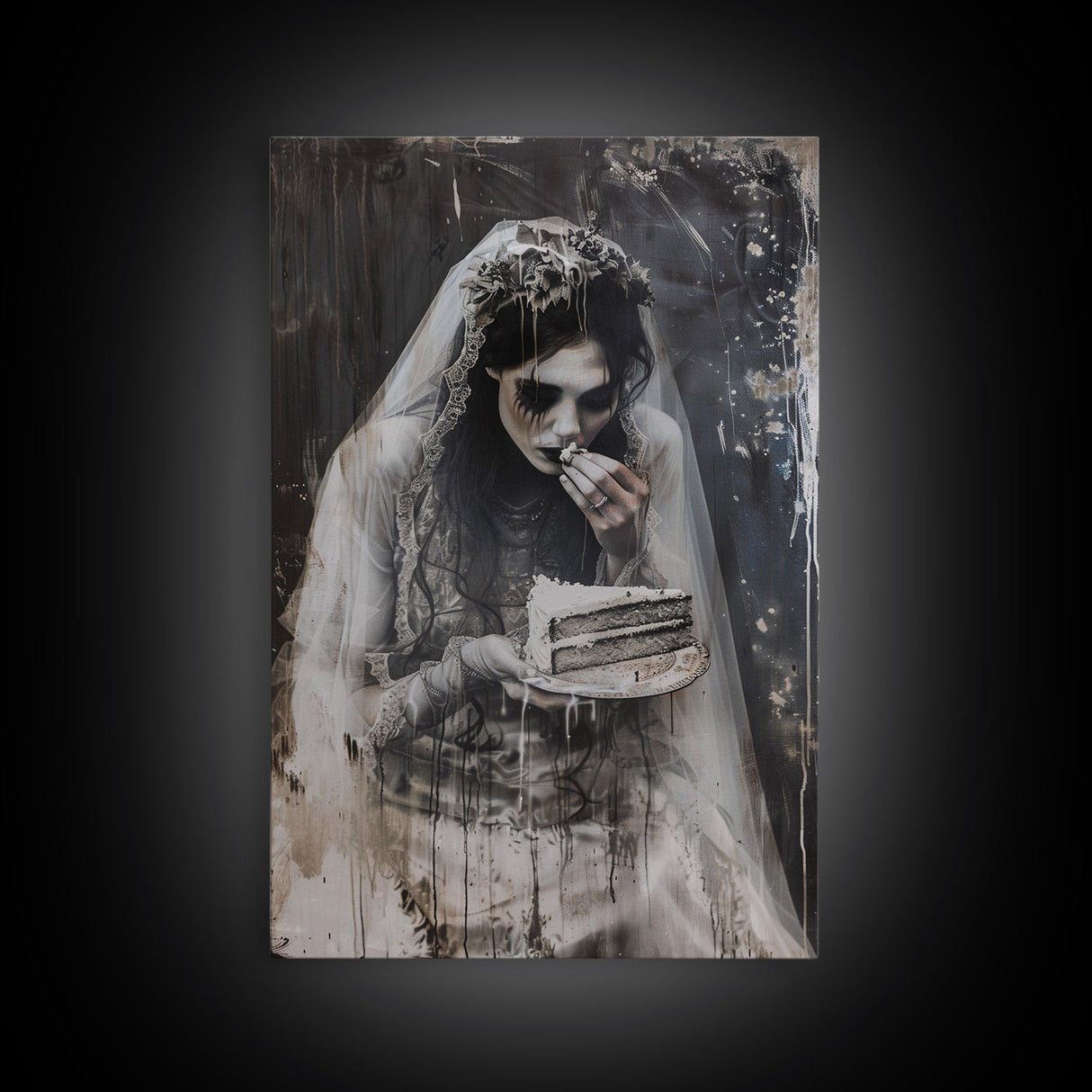 Melancholic Ghost Bride Having A Slice of Birthday Cake, Framed Canvas Print, Halloween Decor
