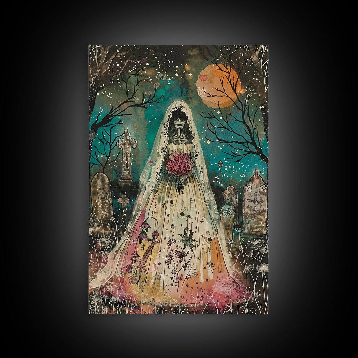 Halloween Skeleton Bride in Cemetery, Framed Canvas Print, Wall Art, Living Room Decor, Spooky, Skeleton Art, Original Painting, Home Decor