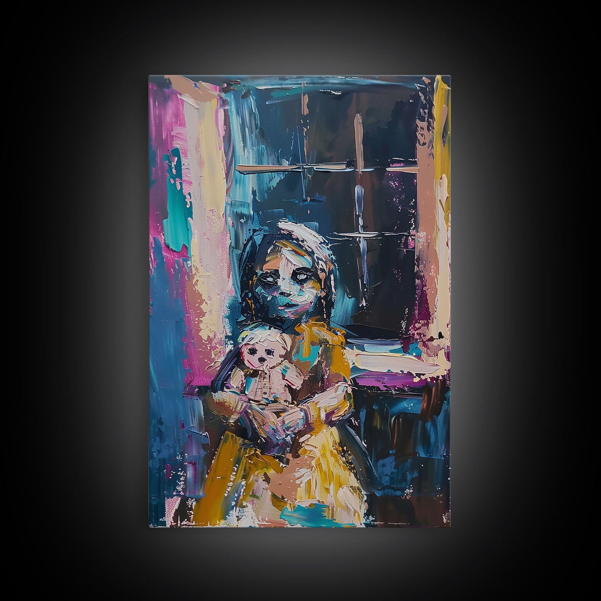 Halloween Creepy Girl with Doll, Framed Canvas Print, Wall Art, Living Room Decor, Spooky, Girl Art, Original Painting, Home Decor