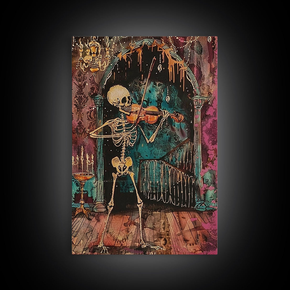 Halloween Skeleton Playing Violin, Framed Canvas Print, Wall Art, Living Room Decor, Spooky, Skeleton Art, Original Painting