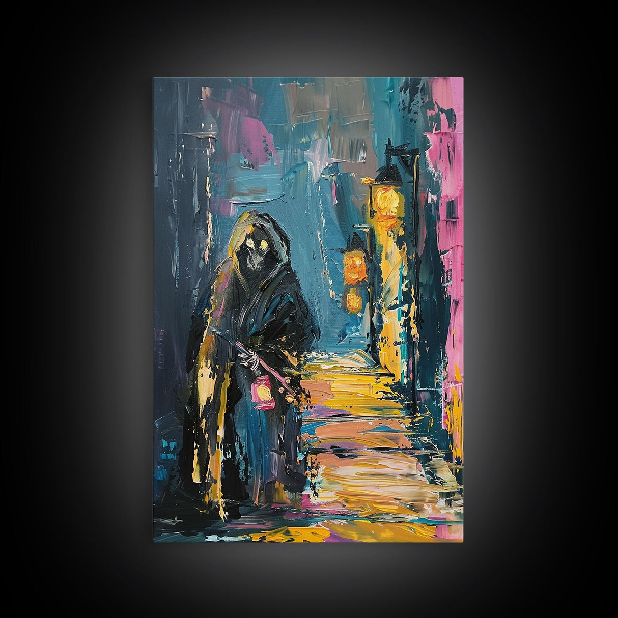 Halloween Grim Reaper with Lantern, Framed Canvas Print, Wall Art, Living Room Decor, Spooky, Grim Reaper Art, Original Painting
