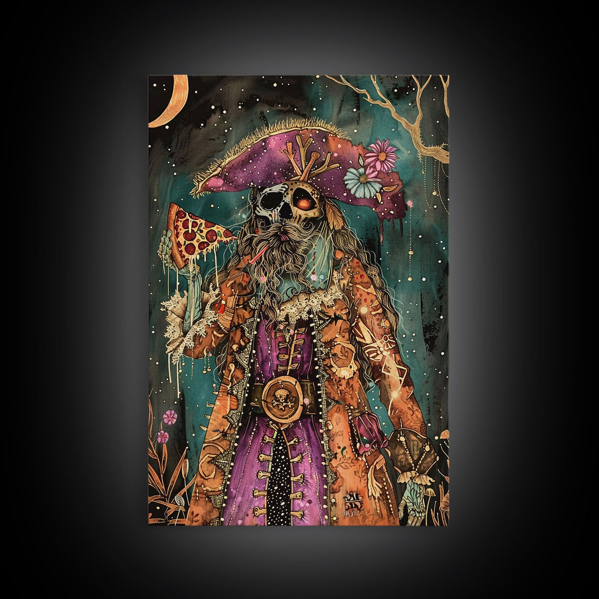 Halloween Pirate Skeleton with Pizza Framed Canvas Print, Spooky Decor, Living Room Art, Fun Halloween Wall Art Home Decor Vintage Style Art