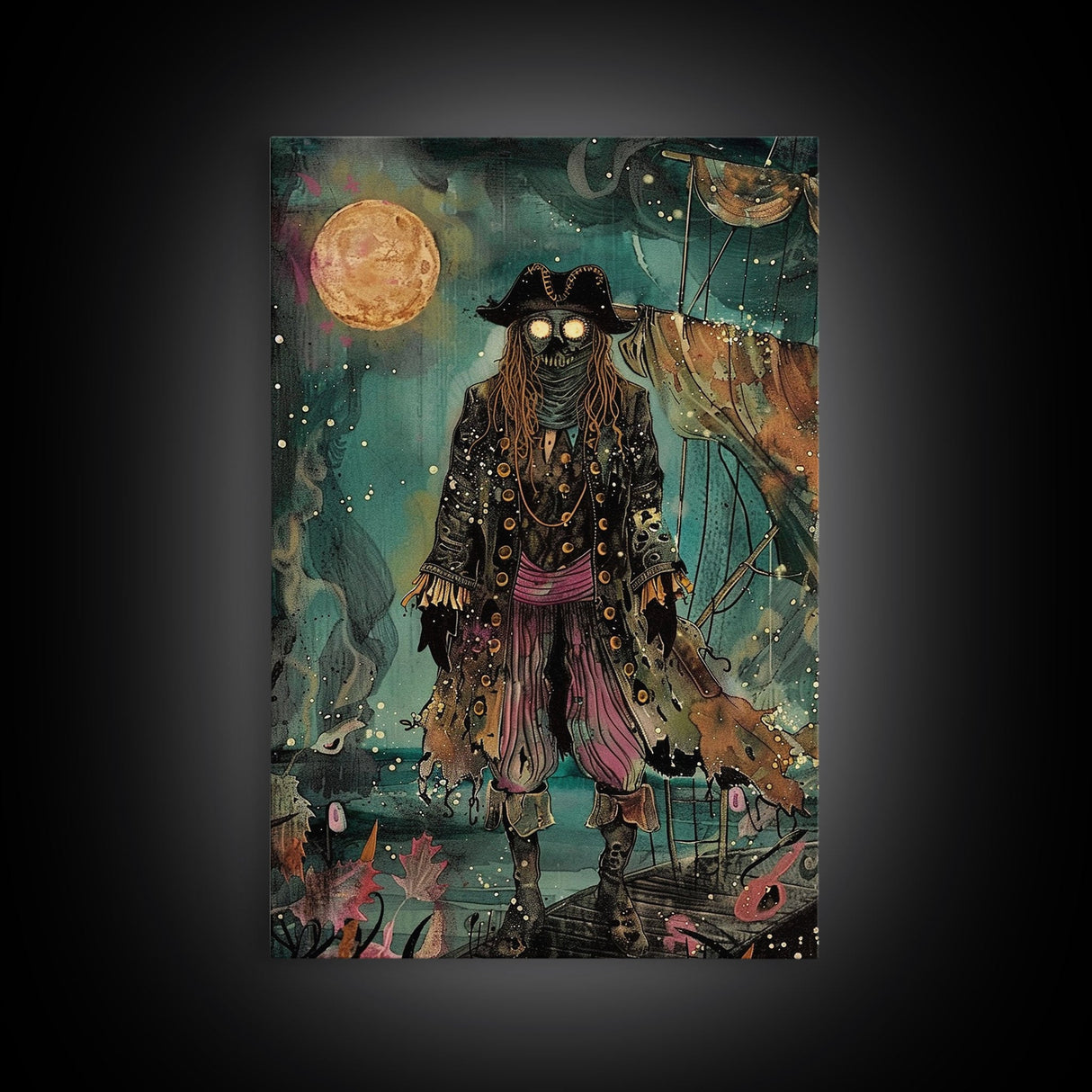 Halloween Ghost Pirate Under Full Moon Framed Canvas Print, Spooky Decor, Living Room Art, Nautical Halloween Wall Art, Home Decoration