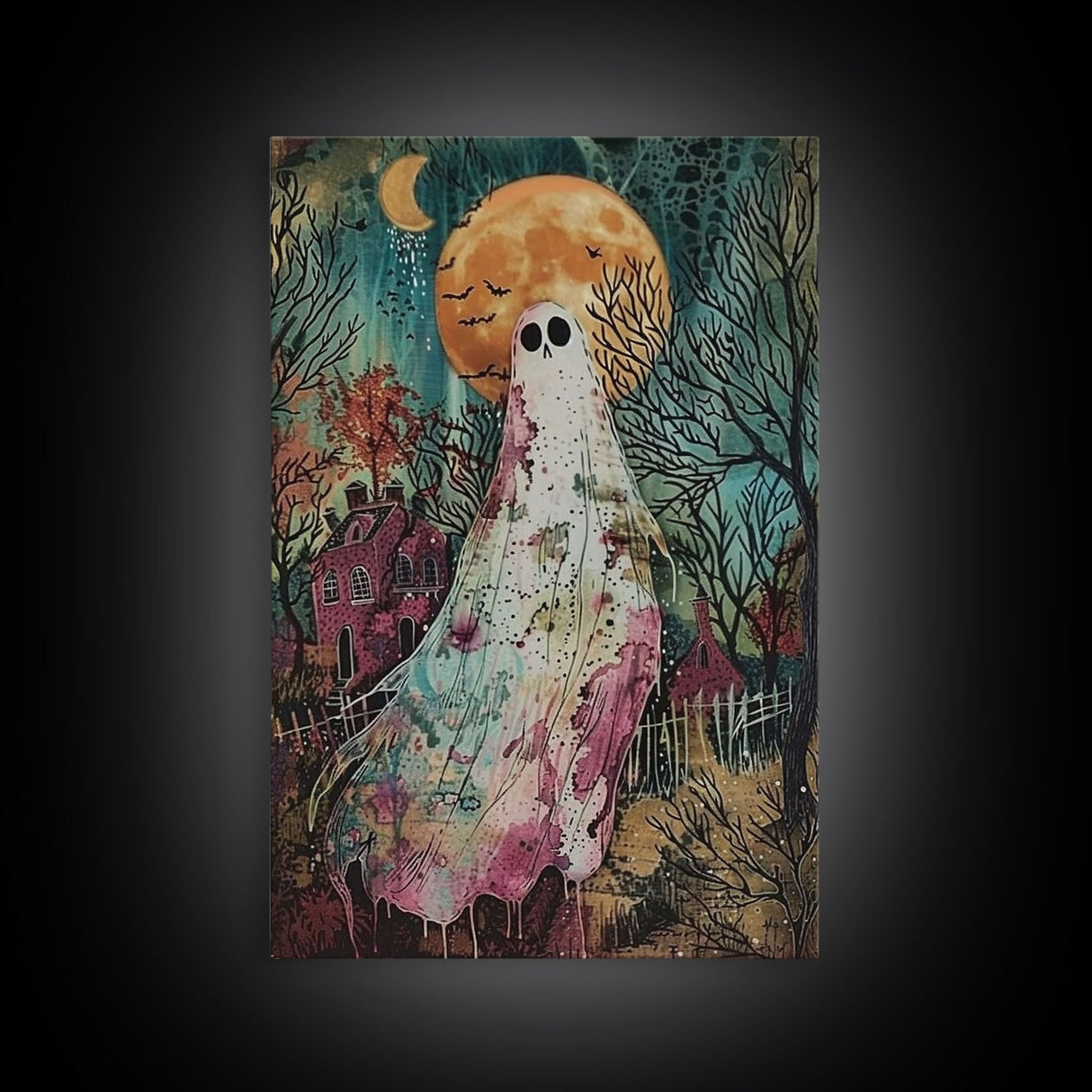 Halloween Ghost in Haunted Forest Framed Canvas Print, Spooky Decor, Living Room Art, Creepy Halloween Wall Art, Home Decoration