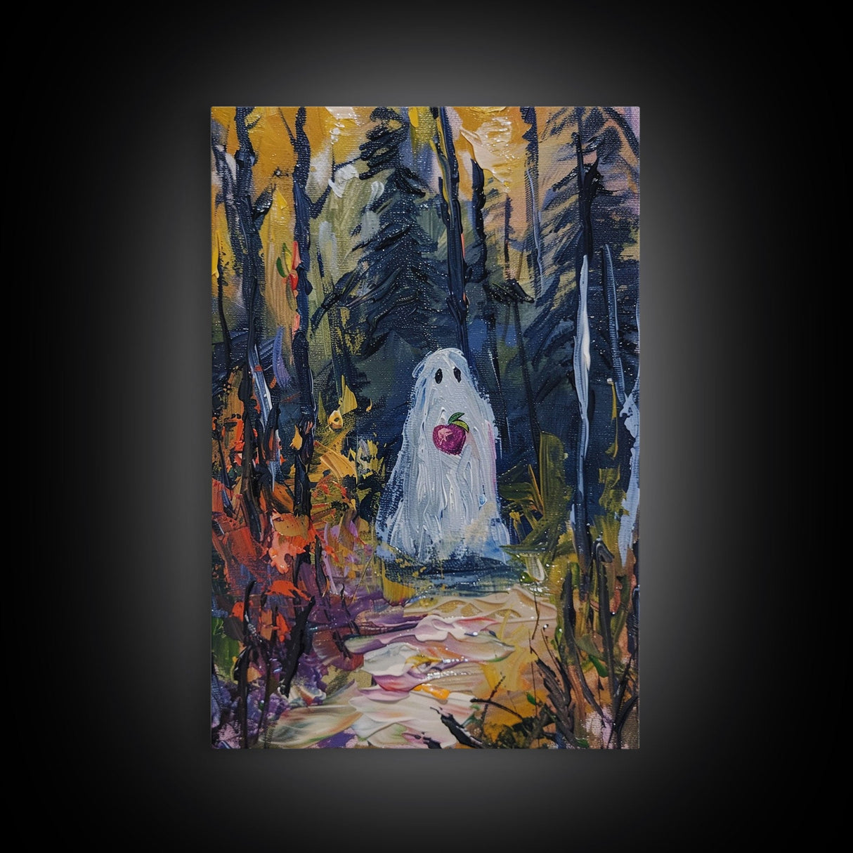 Halloween Ghost in Forest with Apple Framed Canvas Print, Whimsical Spooky Decor, Living Room Art, Fun Halloween Art, Home Decor, Retro Art