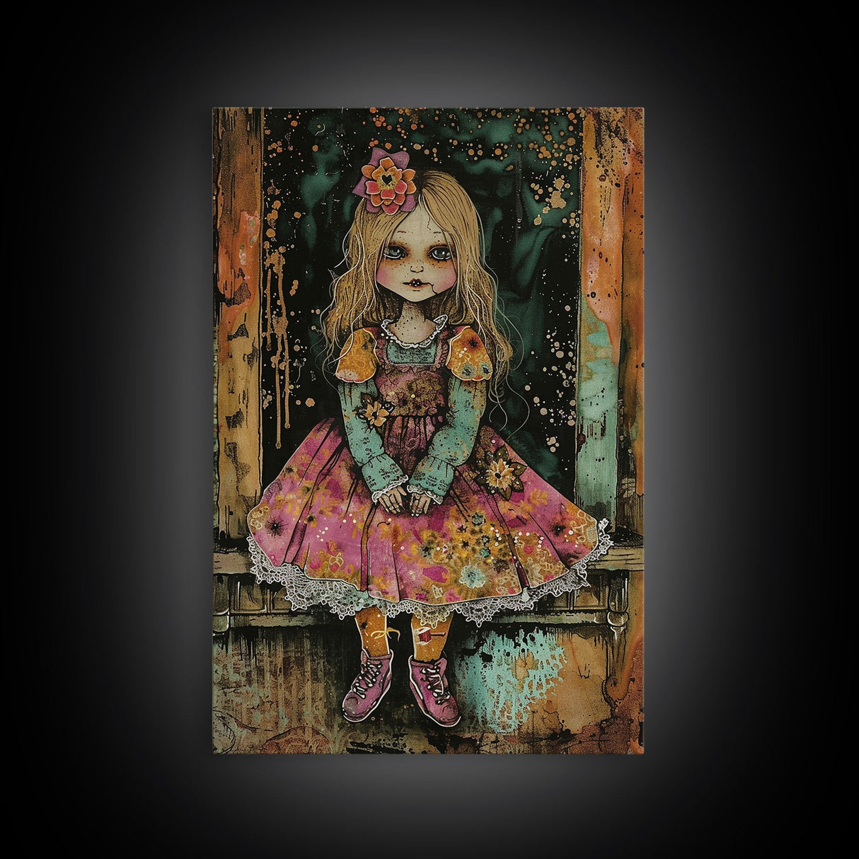 Halloween Witch in Forest Framed Canvas Print, Spooky Decor, Living Room Art, Whimsical Halloween Wall Art, Home Decoration, Retro Style Art