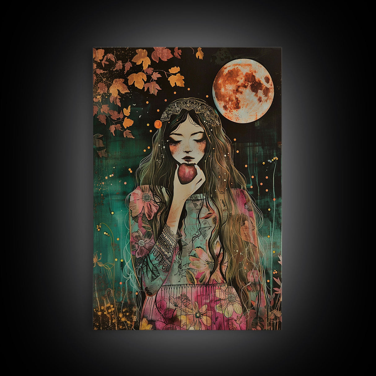 Ghostly Witch With Red Apple, Framed Canvas Print, Wall Art, Spooky Decor, Halloween Decoration, Living Room Art, Unique Gift