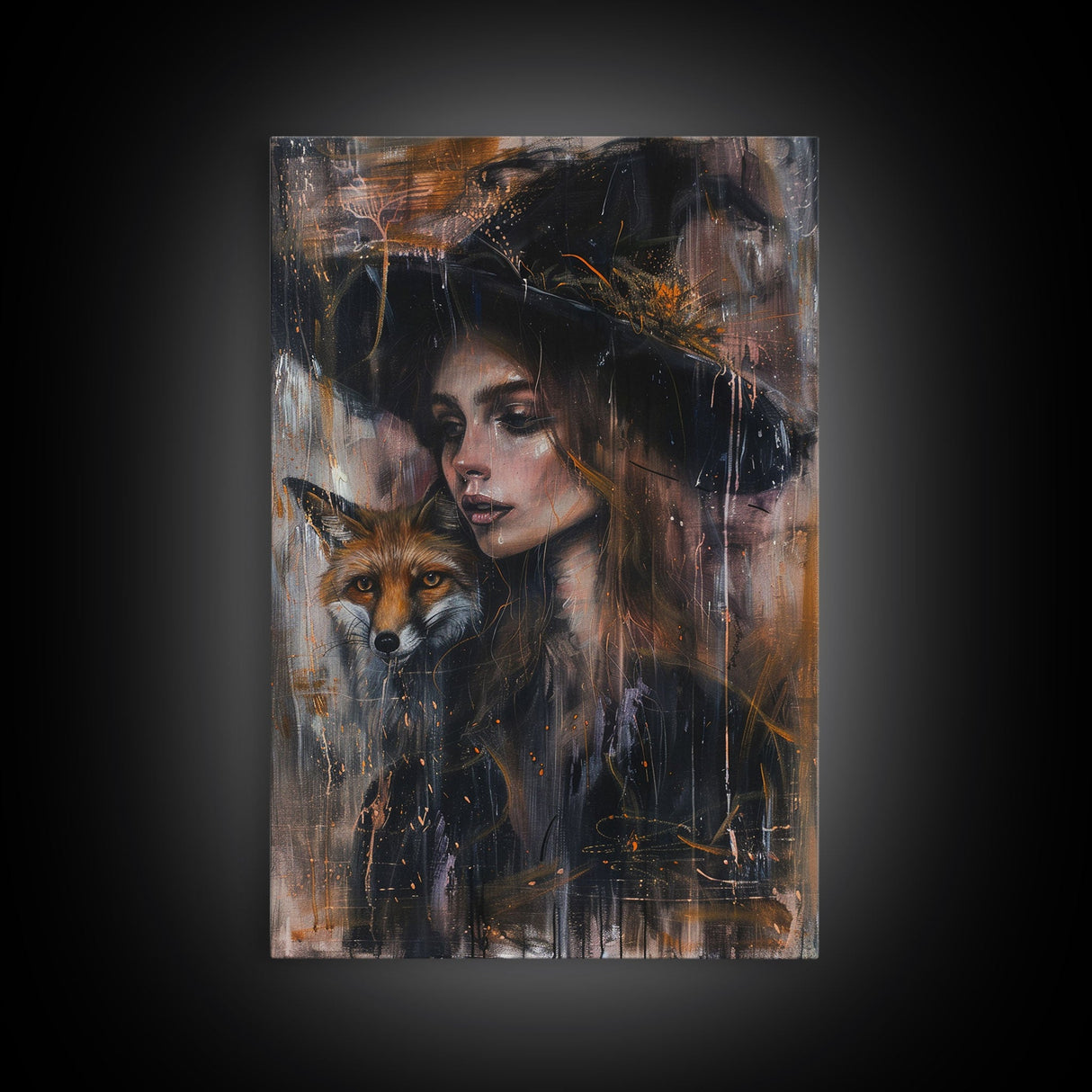 The Witch And Her Fox Familiar Framed Canvas Print | Halloween Unique Decor / Gift Idea | Witch Art | Witch Hat | Framed Canvas