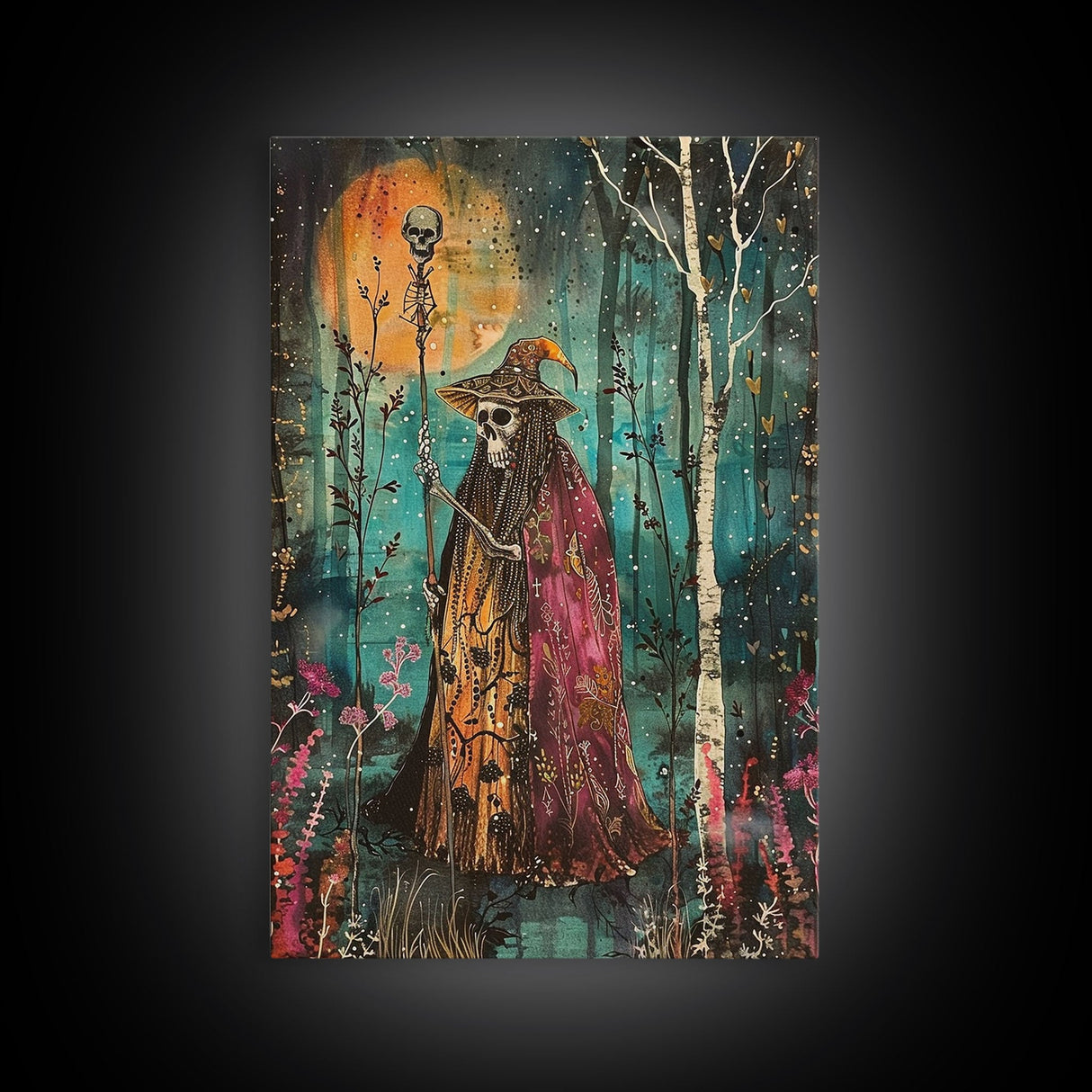 Halloween Skeleton with Spider Webs, Framed Canvas Print, Wall Art, Spooky Decor, Halloween Decoration, Living Room Art, Unique Gift