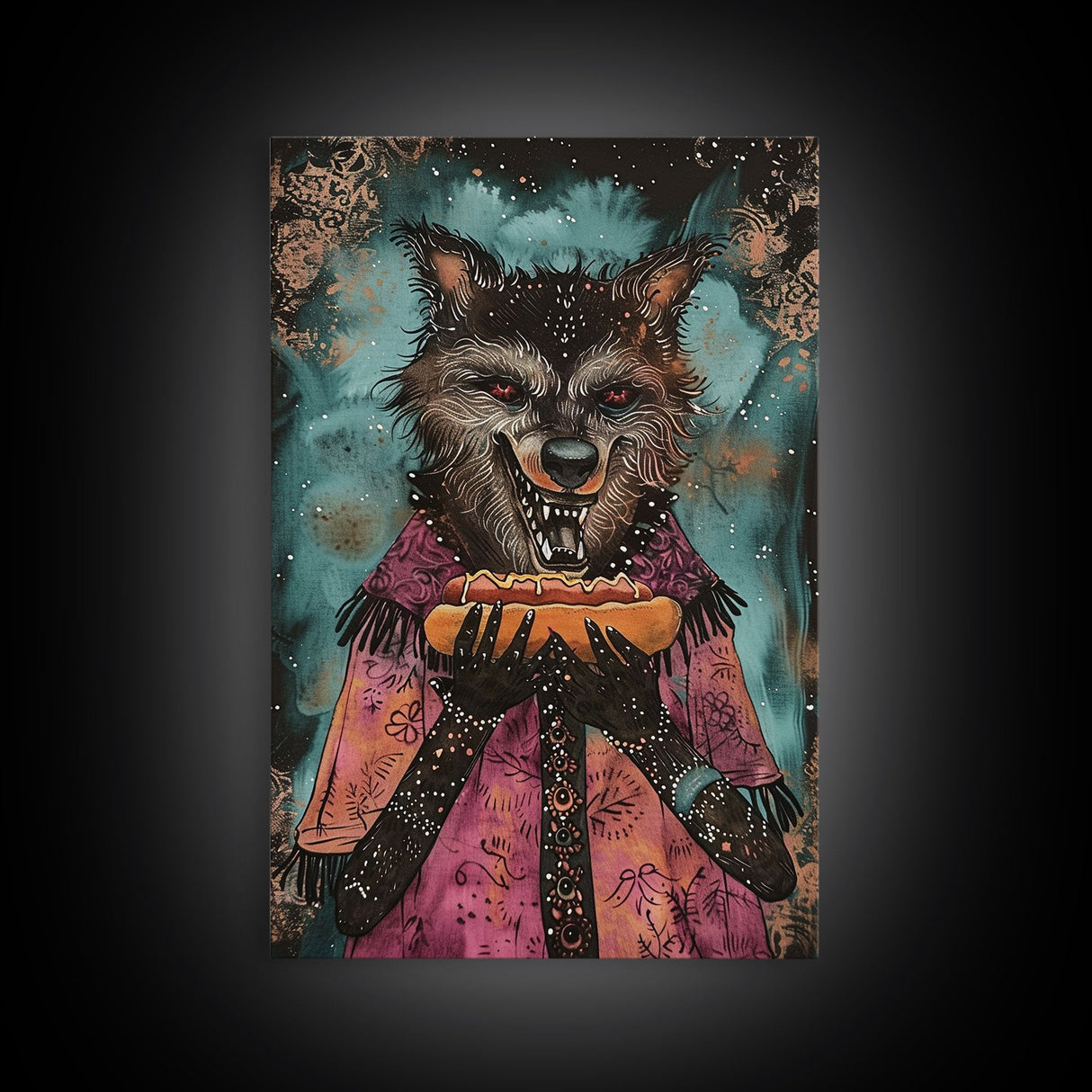 Halloween Werewolf with Hotdog, Framed Canvas Print, Wall Art, Home Decor, Spooky Artwork, Monster Decor, Halloween Decor, Funny Halloween