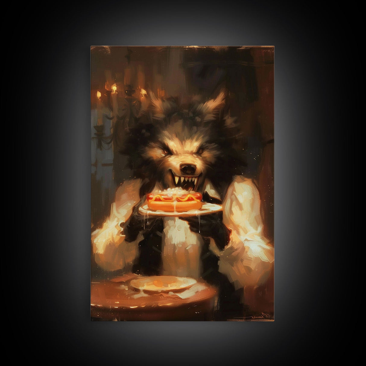 Halloween Werewolf Eating Hotdog, Framed Canvas Print, Wall Art, Spooky Artwork, Fantasy Decor, Halloween Decor, Whimsical Funny Halloween