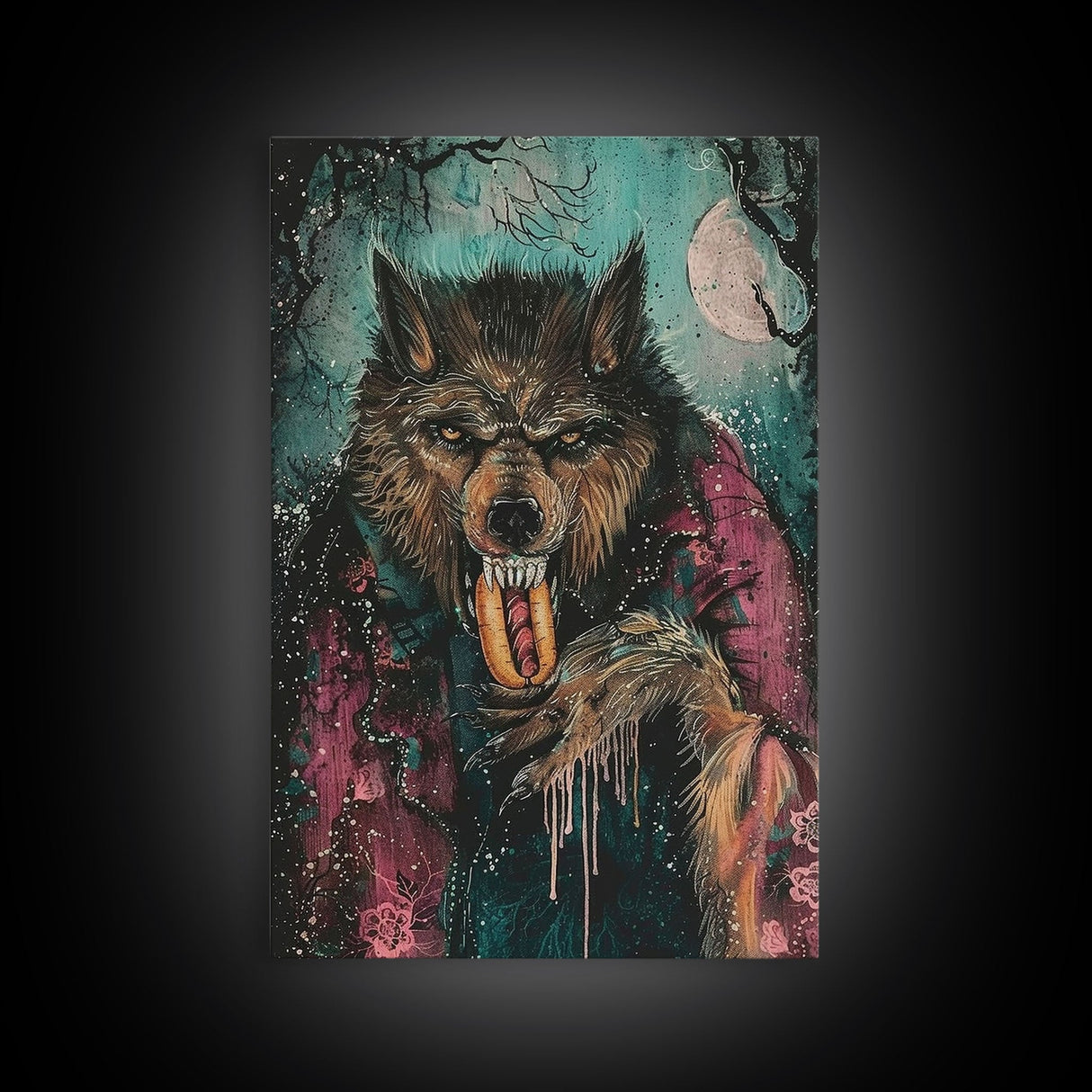 Halloween Werewolf Snarling with Hotdog, Framed Canvas Print, Wall Art, Home Decor, Spooky Artwork, Monster Decor, Halloween Decor