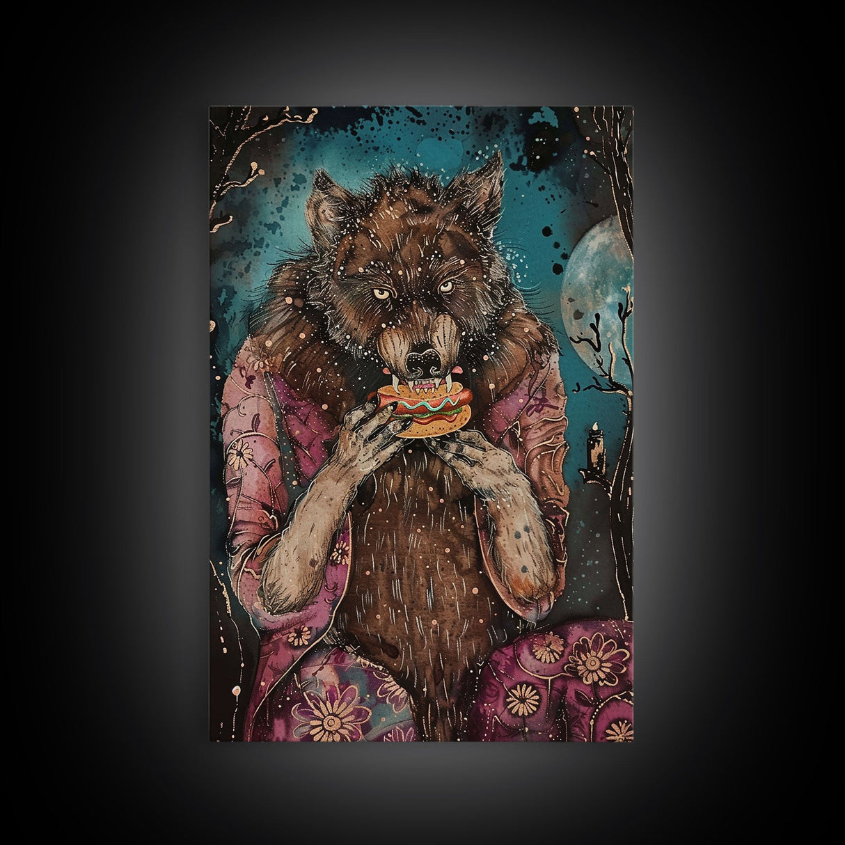 Halloween Werewolf Enjoying Hotdog, Framed Canvas Print, Wall Art, Home Decor, Spooky Artwork, Fantasy Decor, Halloween Decor, Holiday Gift