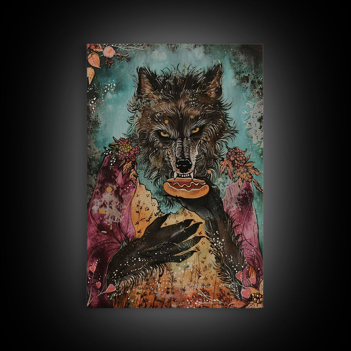 Halloween Werewolf Holding Hotdog, Framed Canvas Print, Wall Art, Home Decor, Spooky Artwork, Fantasy Decor, Halloween Decor