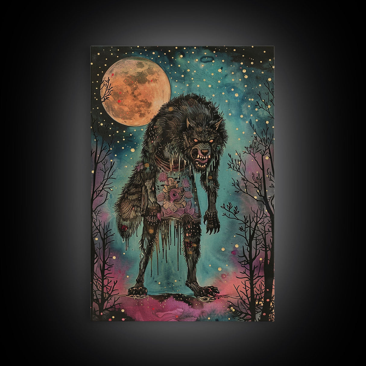 Halloween Spooky Full Moon Werewolf Framed Canvas Print, Wall Art, Living Room Decor, Halloween Decoration, Scary Wall Hanging, Haunted Art