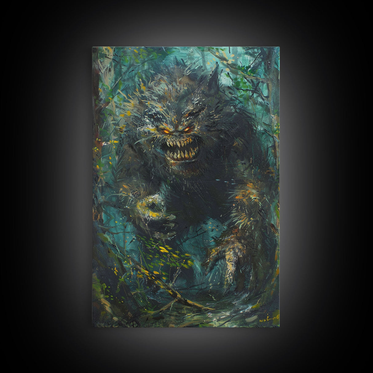 Halloween Frightening Forest Beast Framed Canvas Print, Wall Art, Home Decor, Living Room Decoration, Scary Creature Art, Haunted Decor