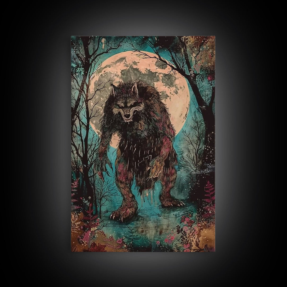 Halloween Horror Full Moon Werewolf Framed Canvas Print, Wall Art, Living Room Decor, Halloween Decor, Spooky Wall Hanging, Haunted House