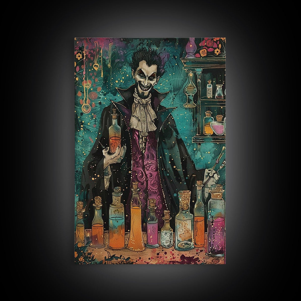 Halloween Frightening Werewolf with Burger Framed Canvas Print, Wall Art, Living Room Decor, Kitchen Art, Unique Halloween Gift Spooky Decor