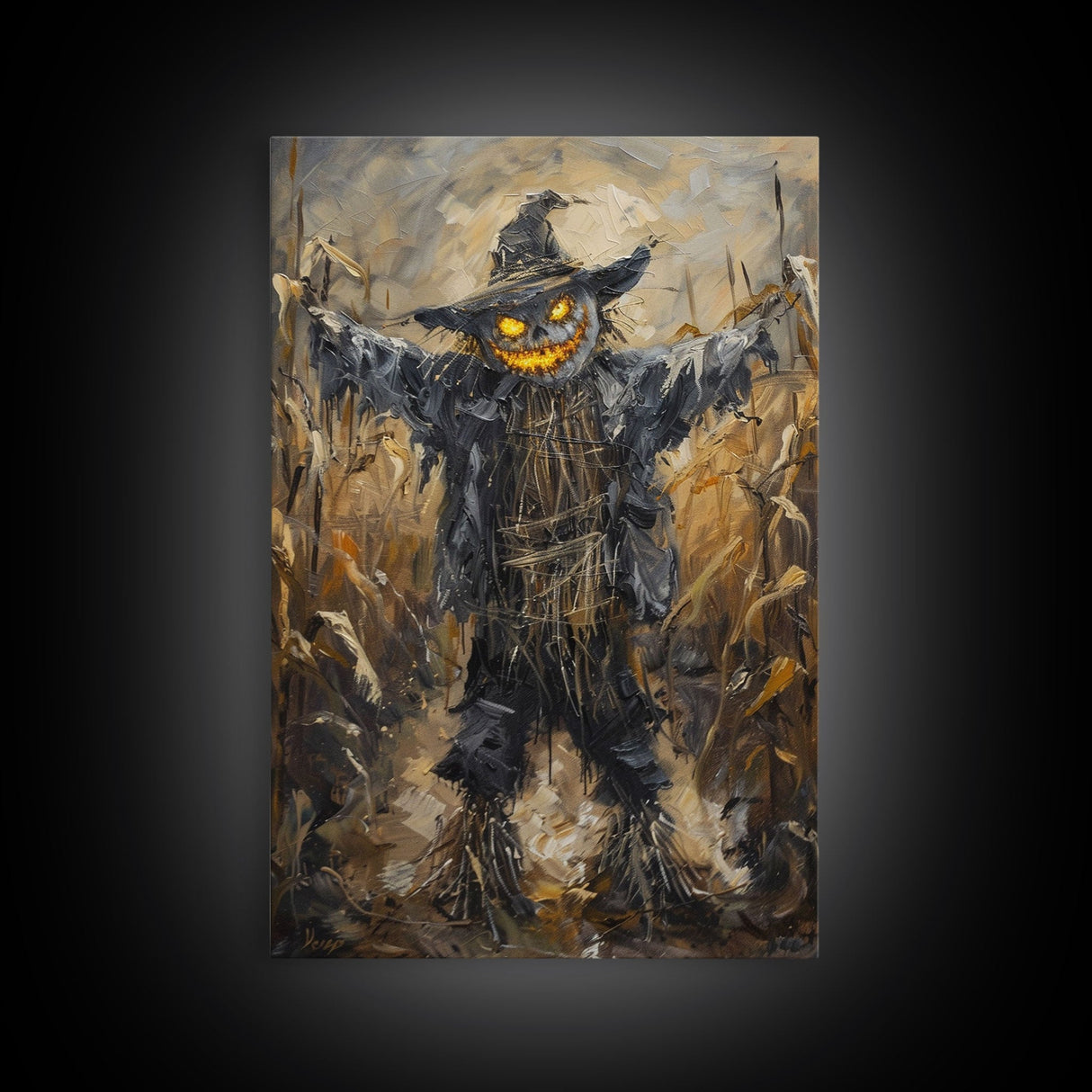 Sinister Scarecrow in Cornfield Framed Canvas Print | Halloween Horror Art | Spooky Farm Art | Creepy Scarecrow Art for Home Decoration
